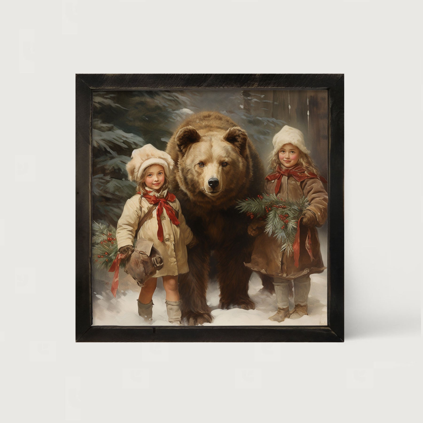 Christmas bear with girls - Framed art