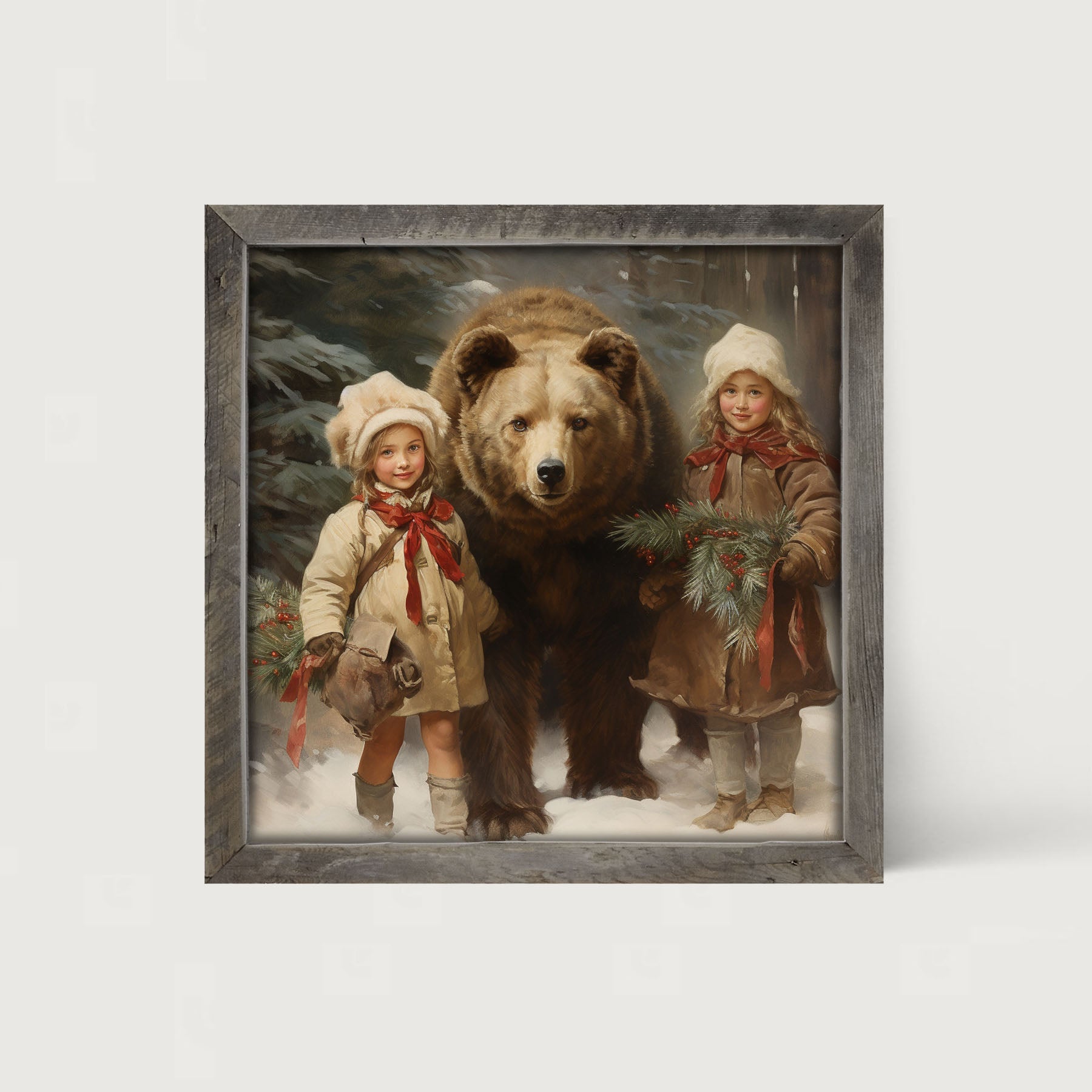 Christmas bear with girls - Framed art