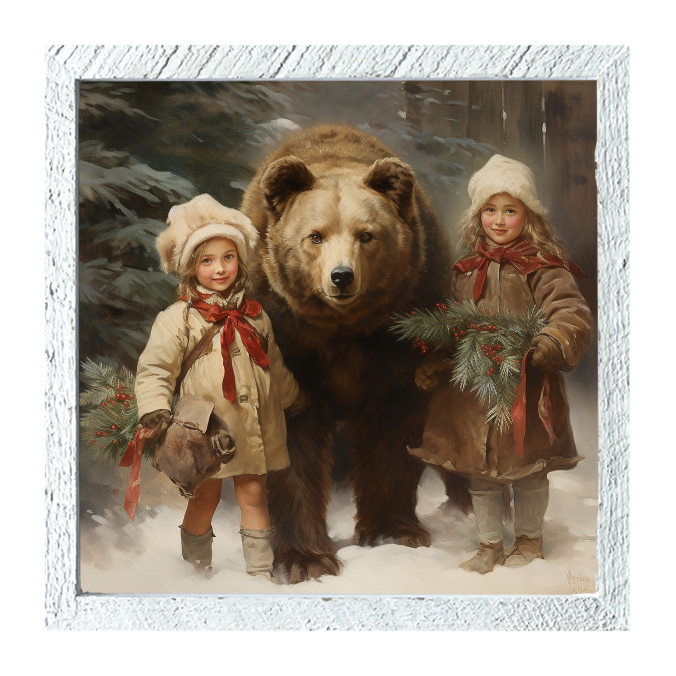 Christmas bear with girls - Framed art