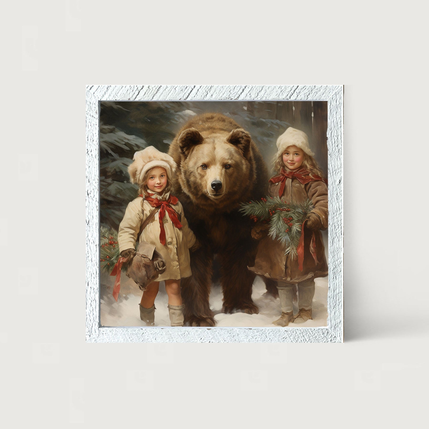 Christmas bear with girls - Framed art