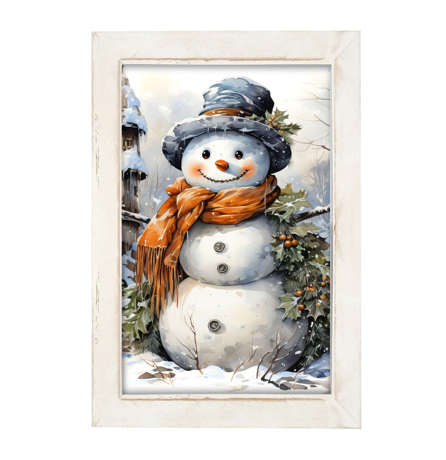 Snowman with Holly - Framed art