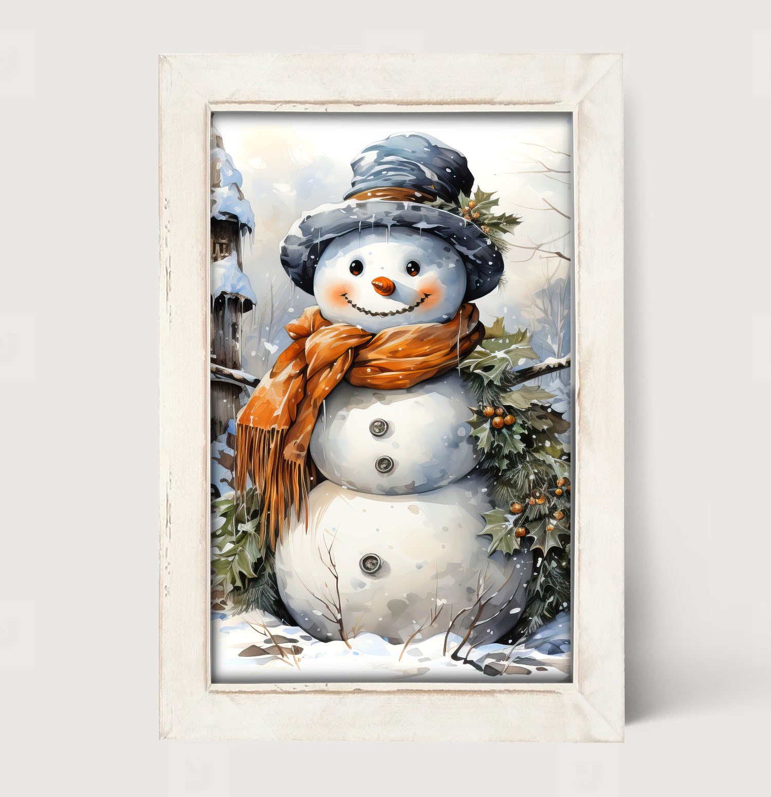 Snowman with Holly - Framed art