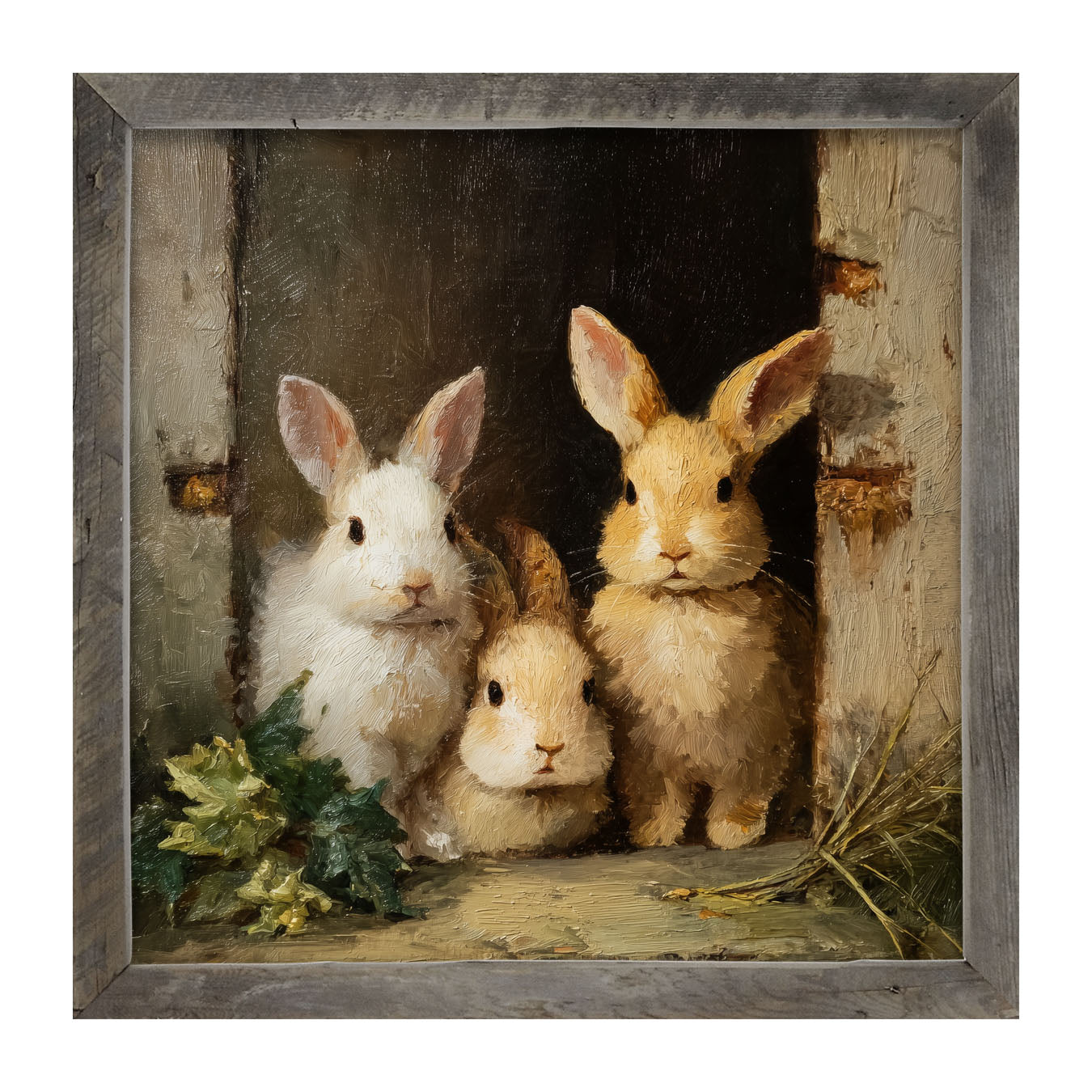Three Rabbits in Doorway - Framed Art