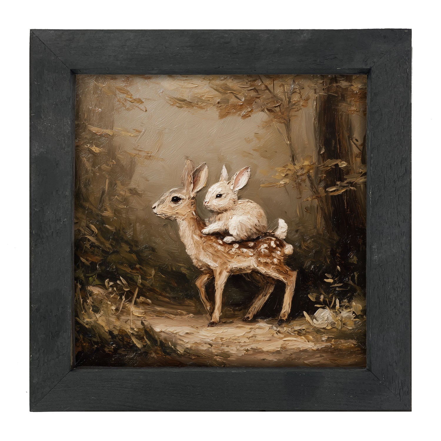 Bunny on Deer in Forest - Framed Art