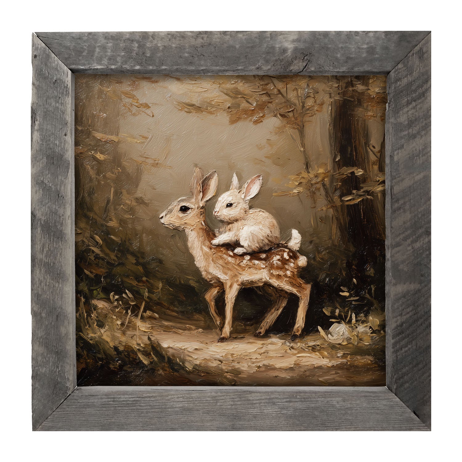 Bunny on Deer in Forest - Framed Art