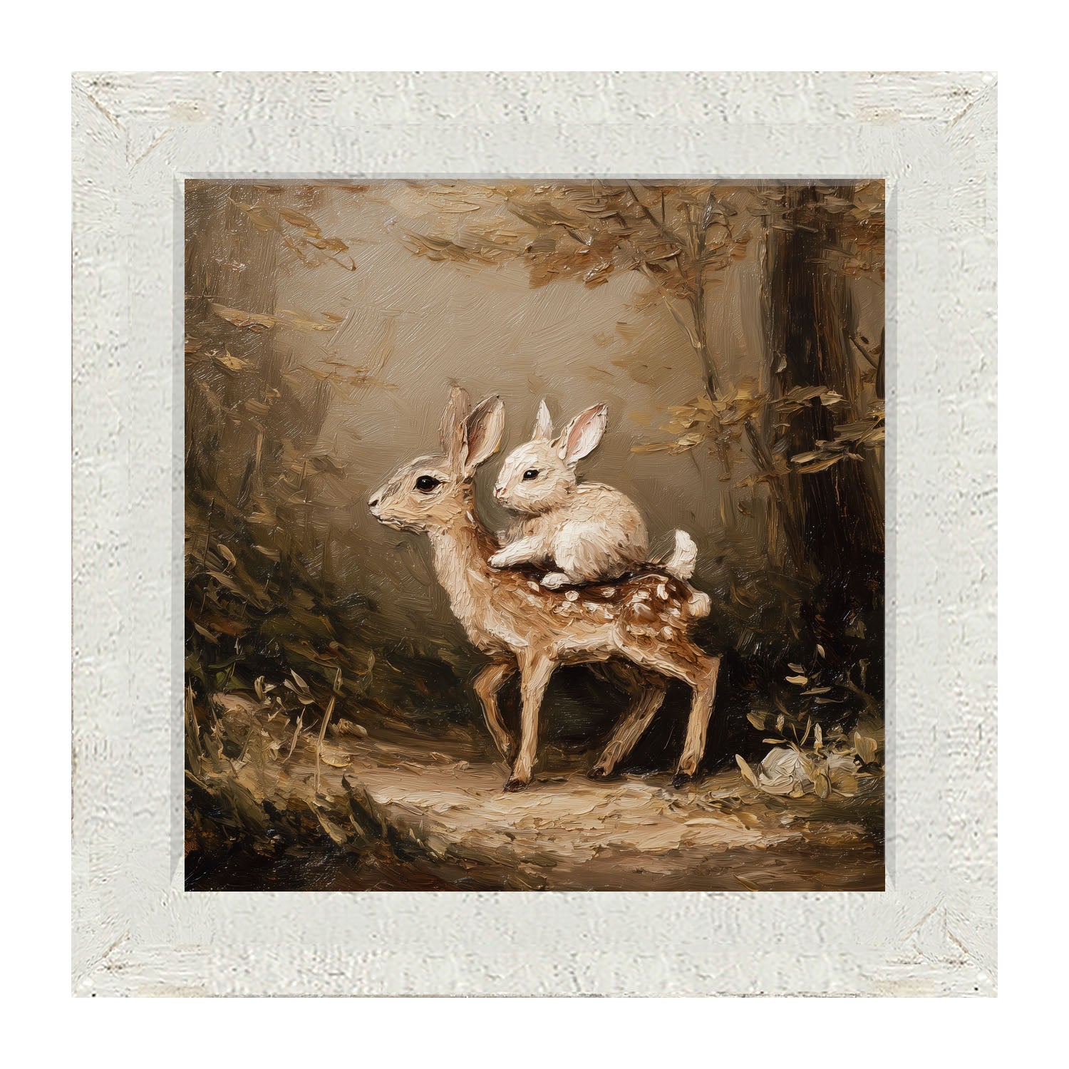 Bunny on Deer in Forest - Framed Art
