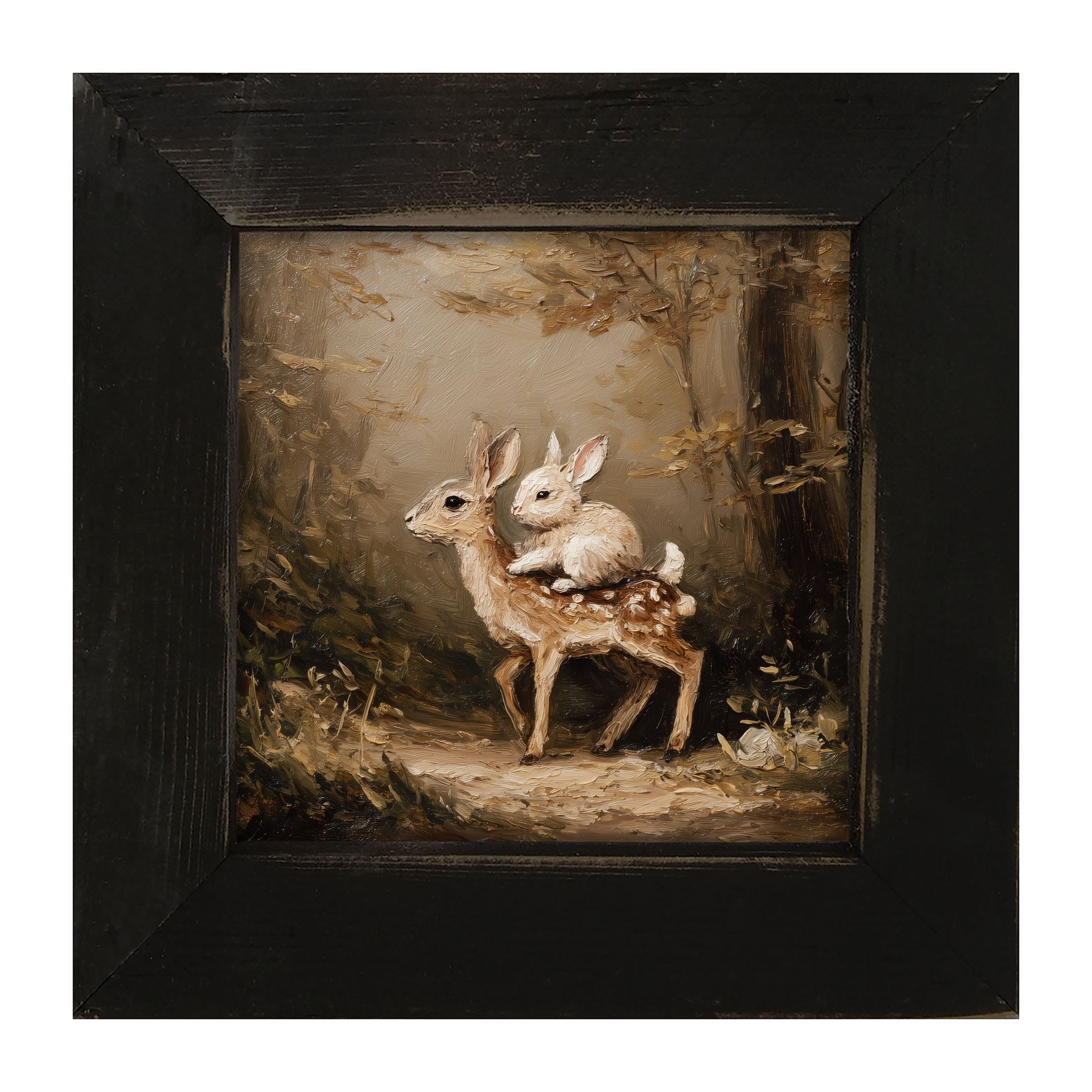 Bunny on Deer in Forest - Framed Art