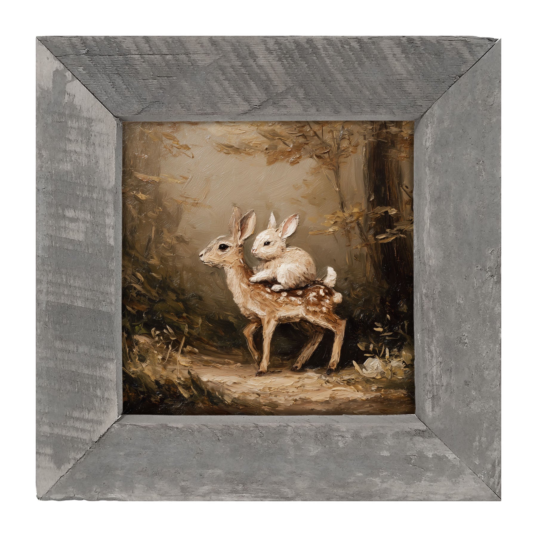 Bunny on Deer in Forest - Framed Art