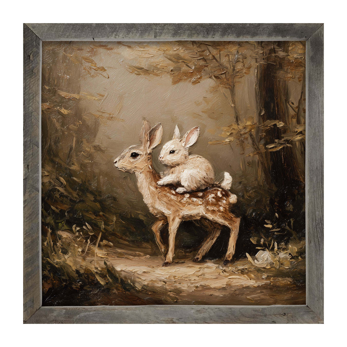 Bunny on Deer in Forest - Framed Art