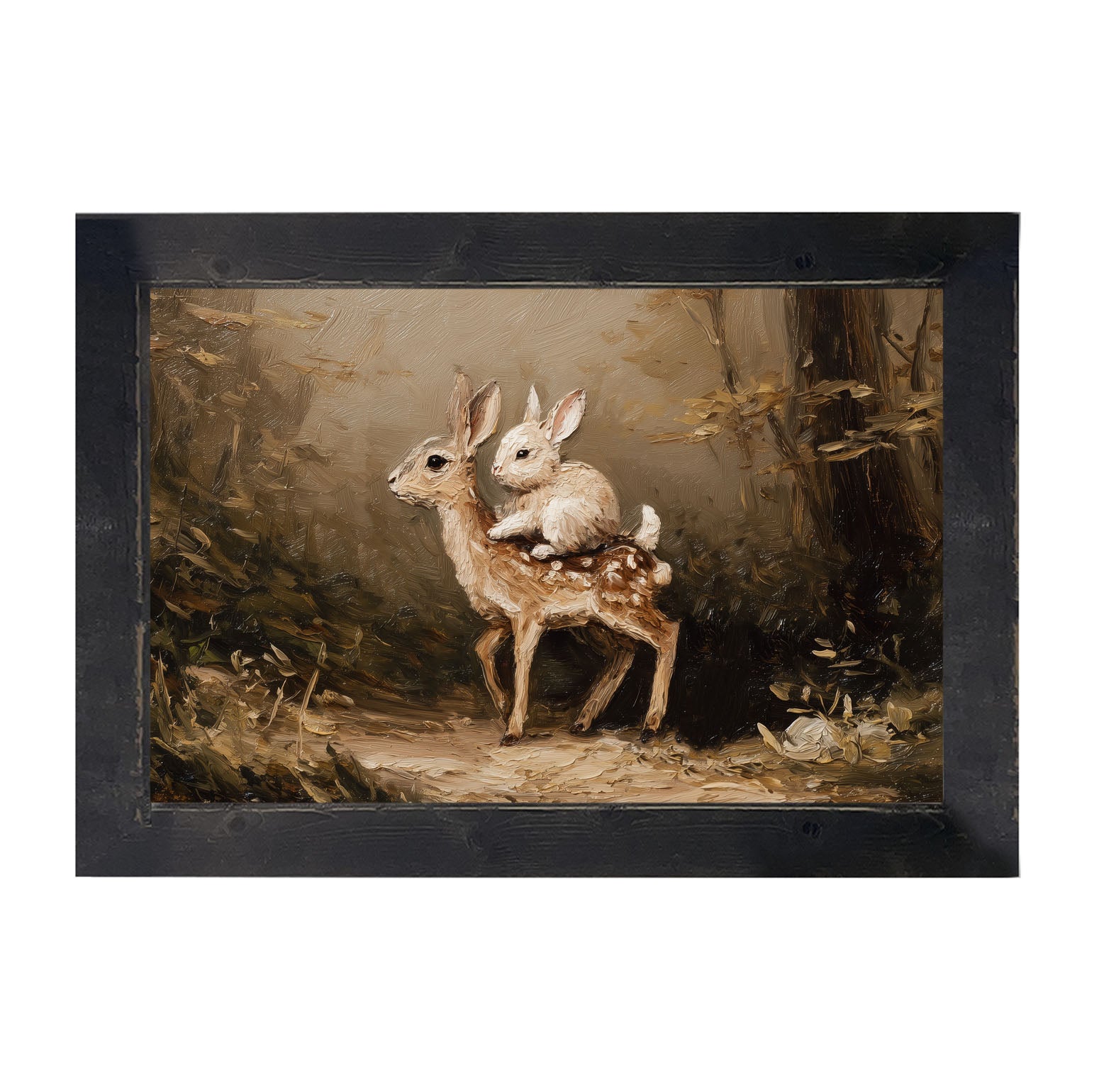 Bunny on Deer in Forest - Framed Art