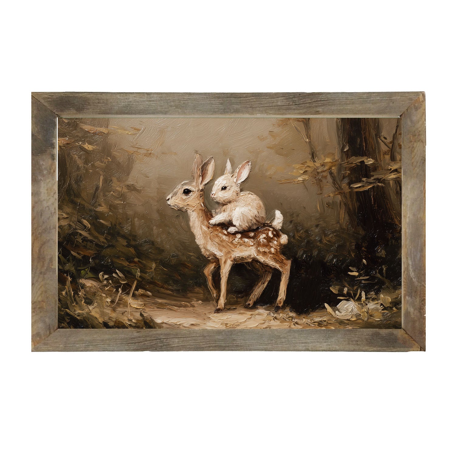 Bunny on Deer in Forest - Framed Art