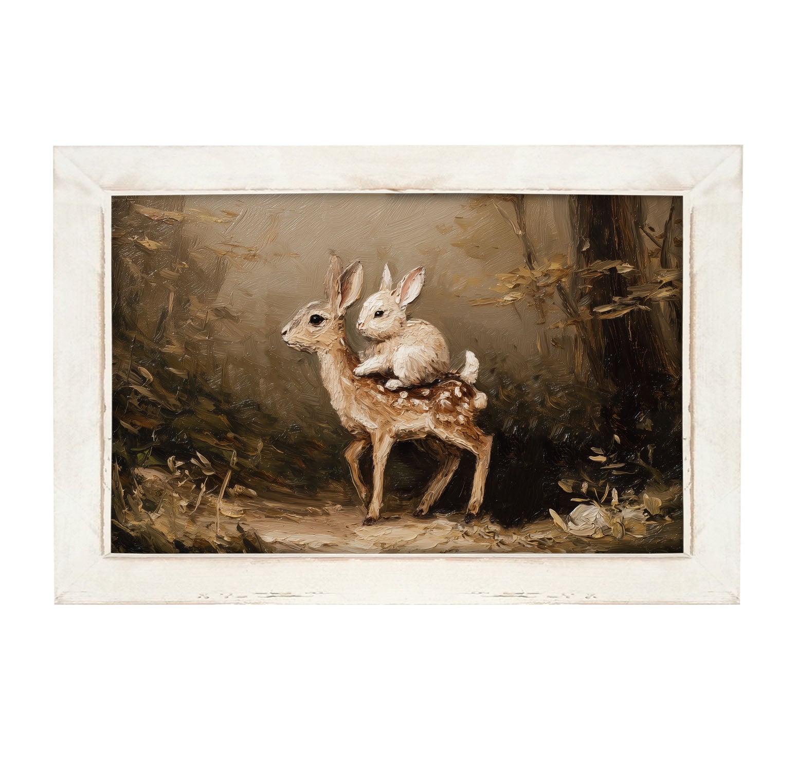 Bunny on Deer in Forest - Framed Art