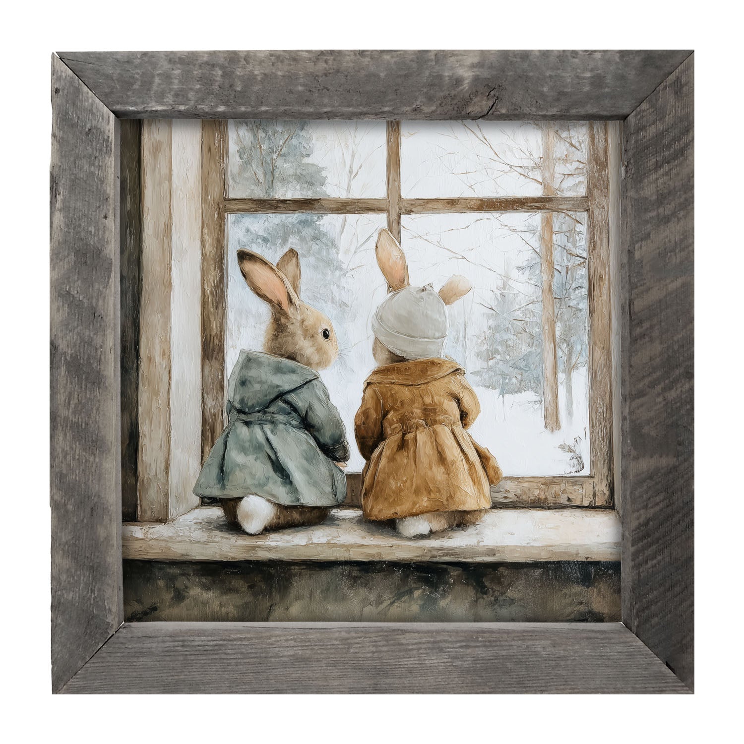 Bunnies Watching a Snowfall - Framed Art