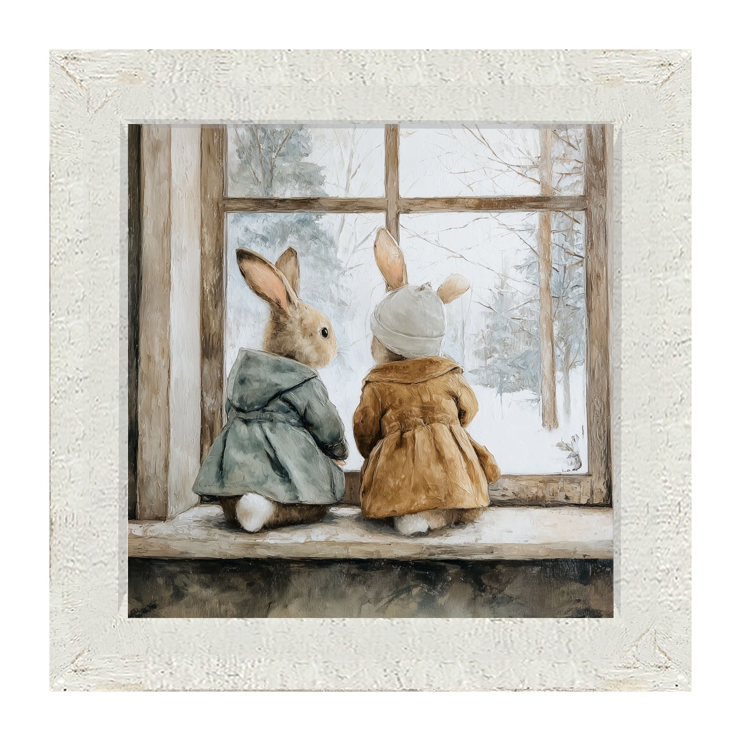 Bunnies Watching a Snowfall - Framed Art