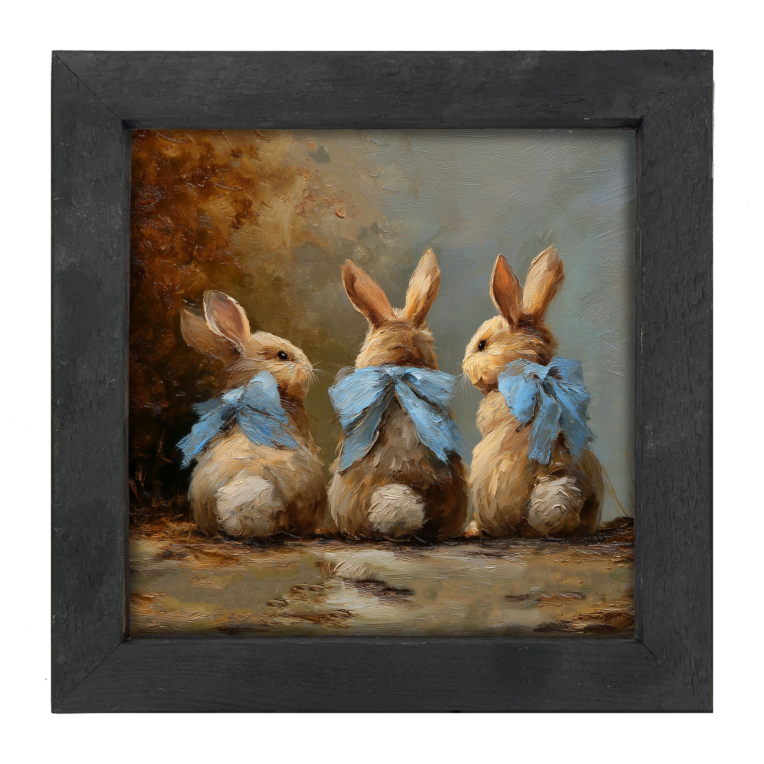 Bunnies with Blue Bows in Autumn - Framed Art