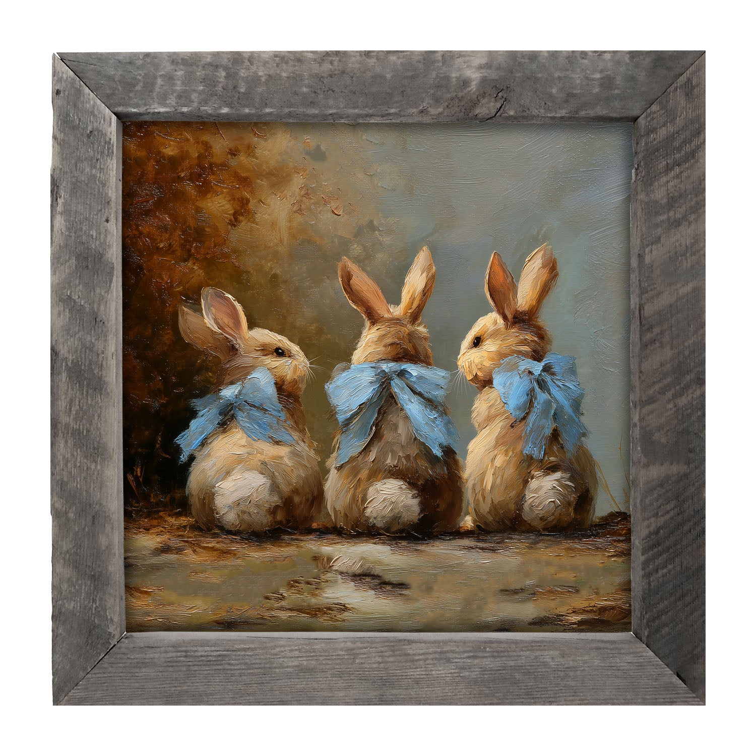 Bunnies with Blue Bows in Autumn - Framed Art