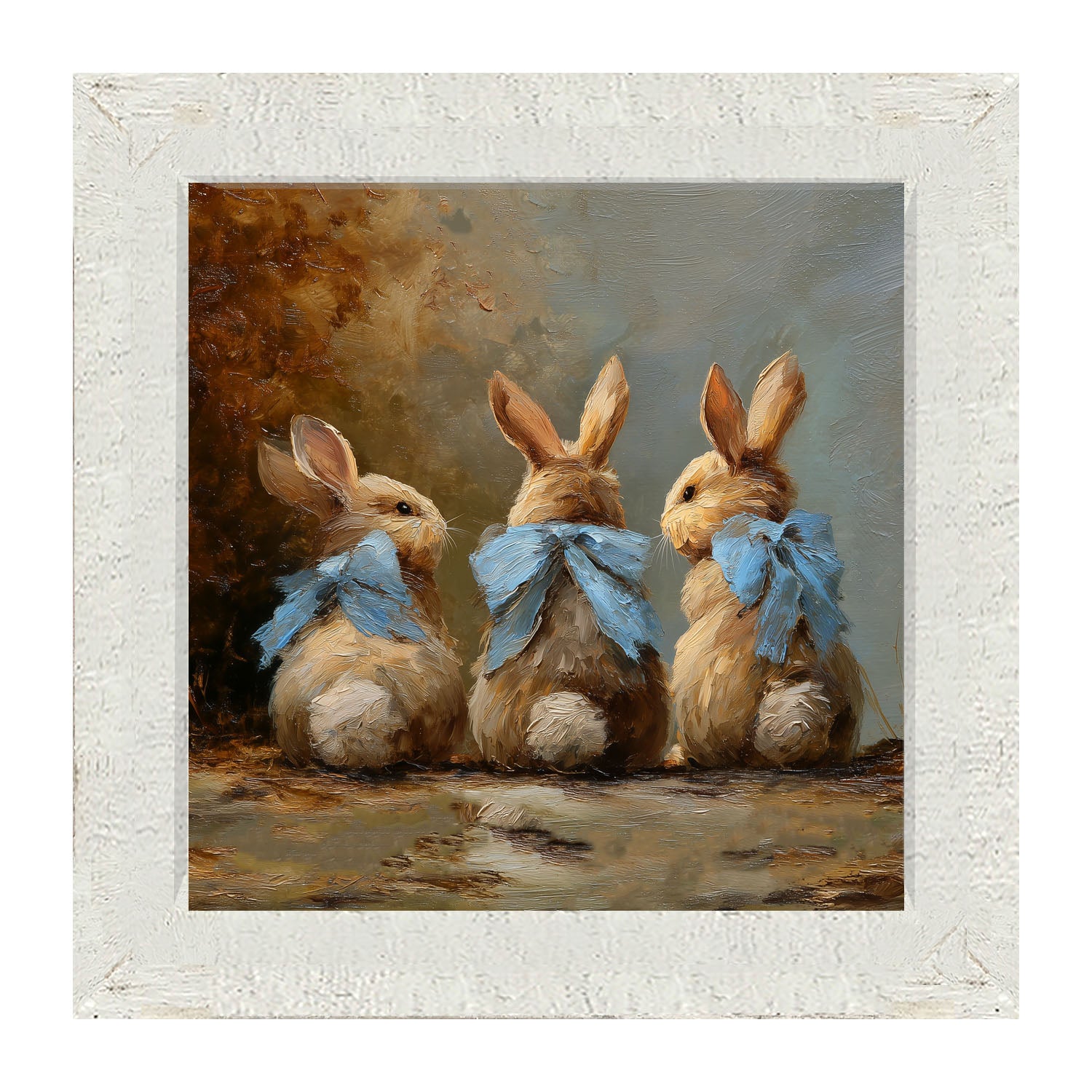 Bunnies with Blue Bows in Autumn - Framed Art