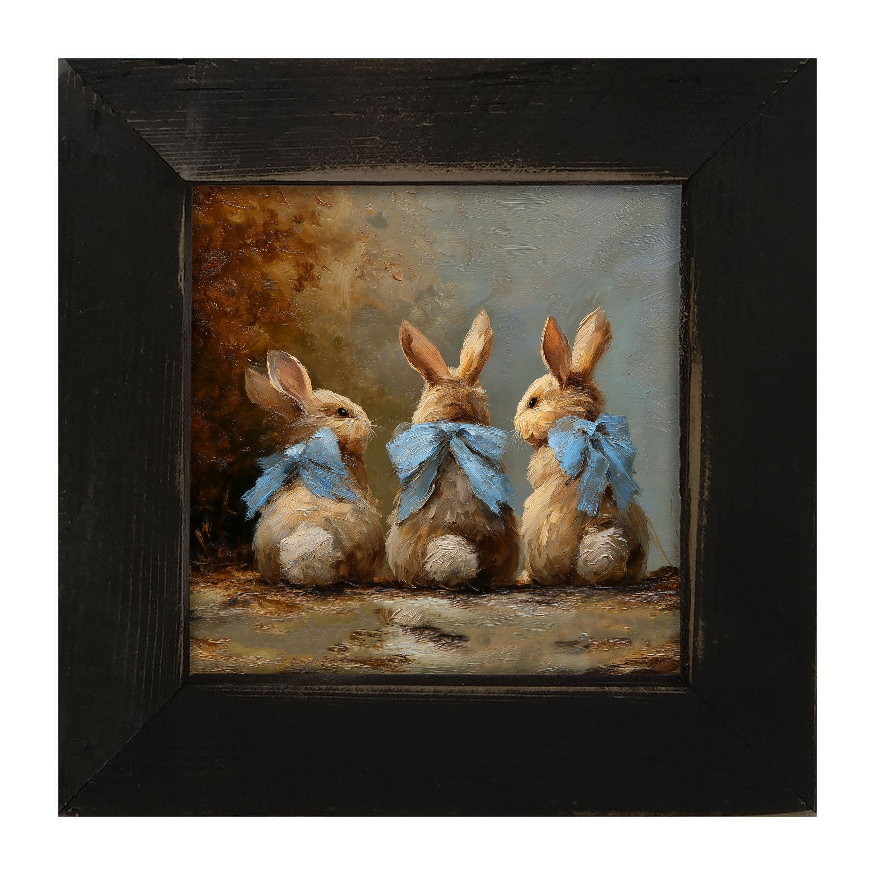 Bunnies with Blue Bows in Autumn - Framed Art