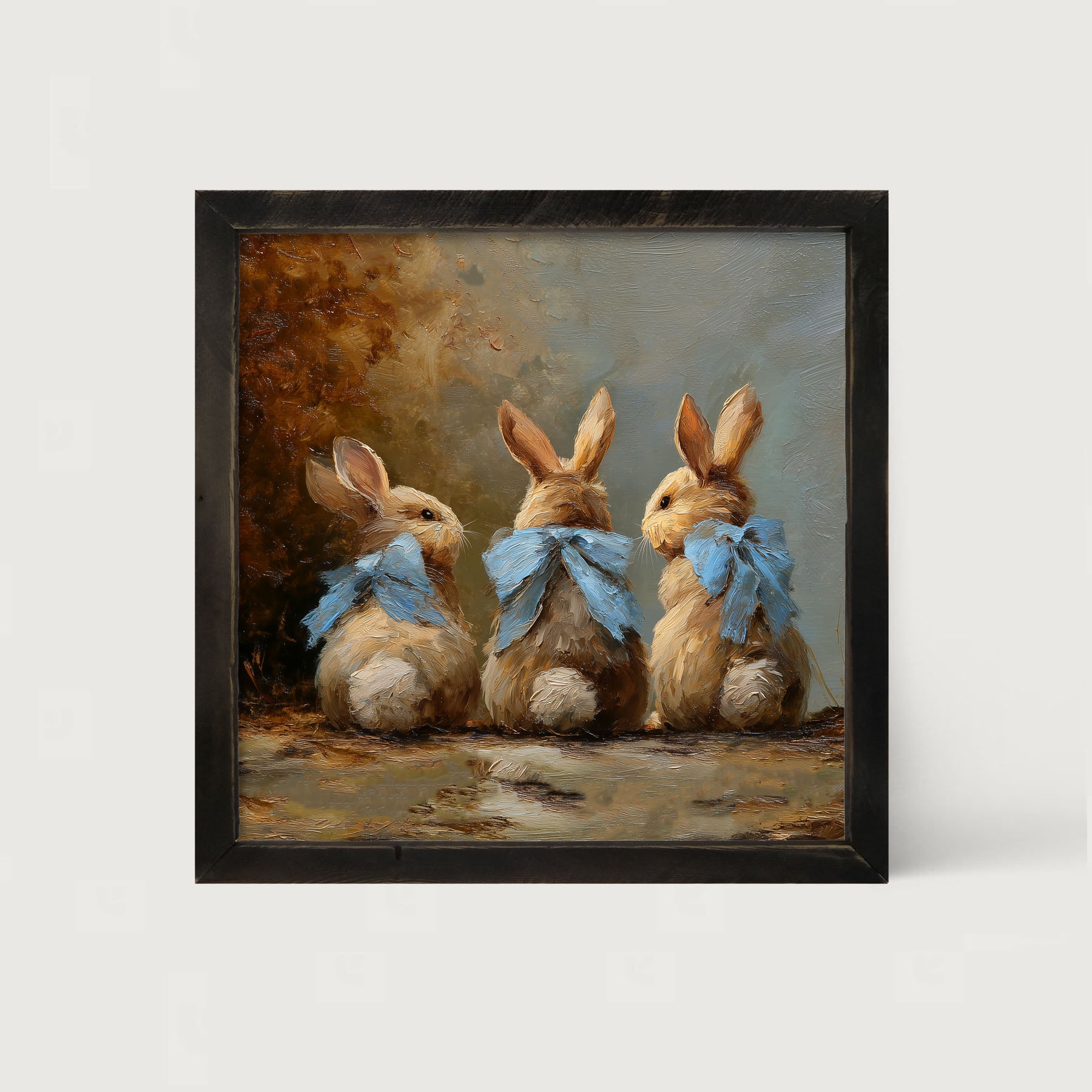 Bunnies with Blue Bows in Autumn