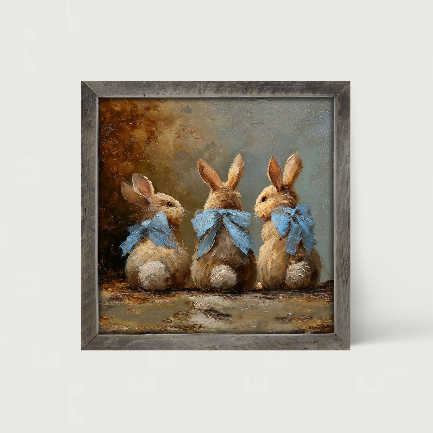 Bunnies with Blue Bows in Autumn