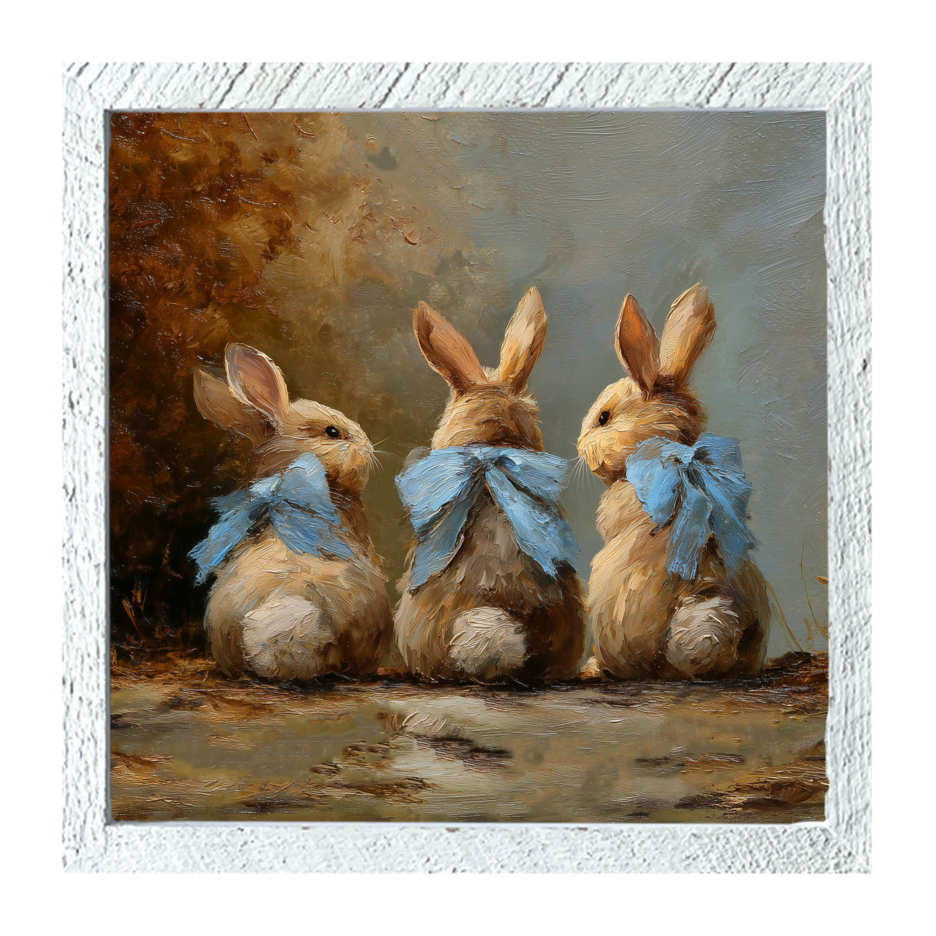 Bunnies with Blue Bows in Autumn - Framed Art