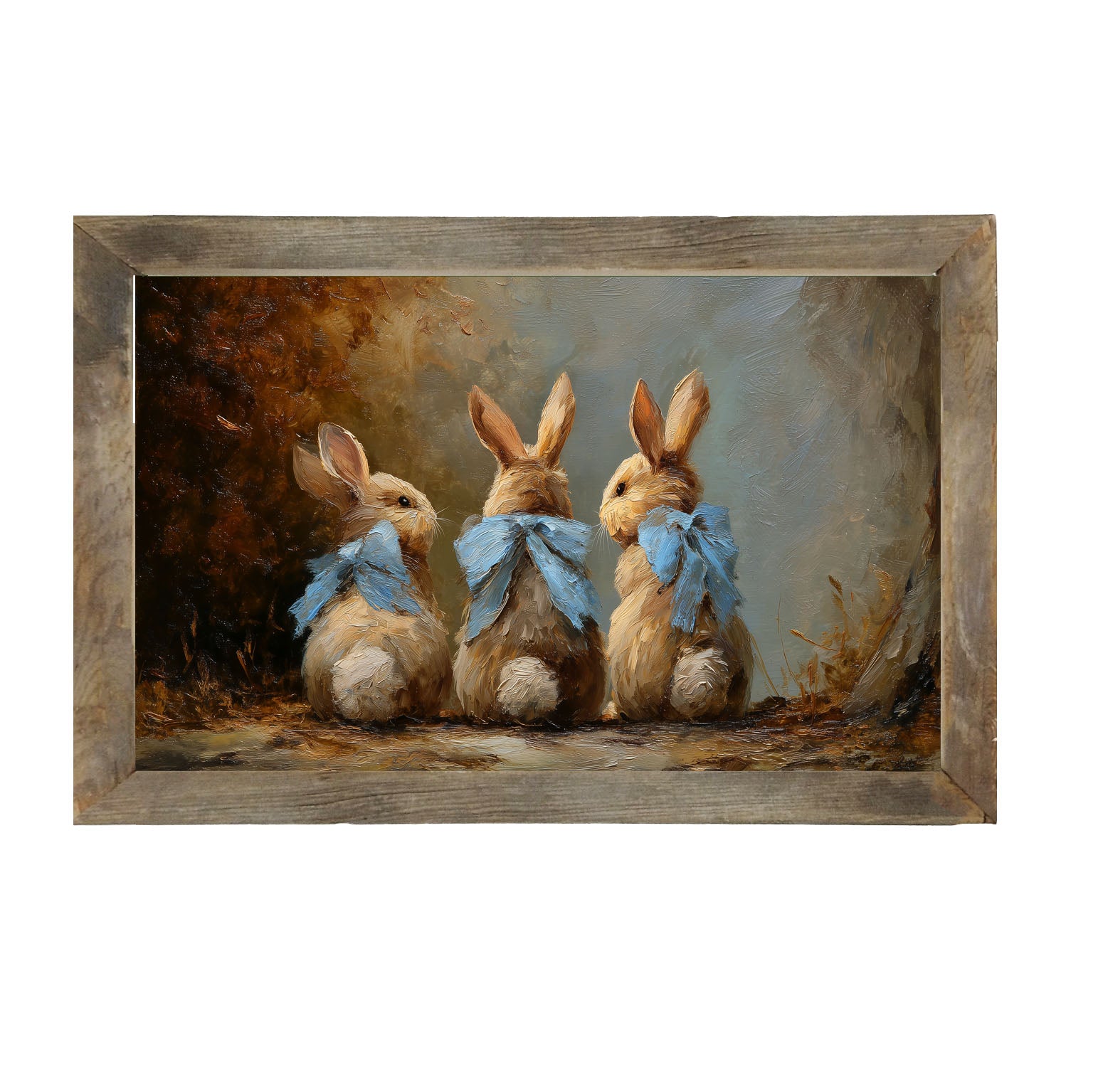 Bunnies with Blue Bows in Autumn - Framed Art