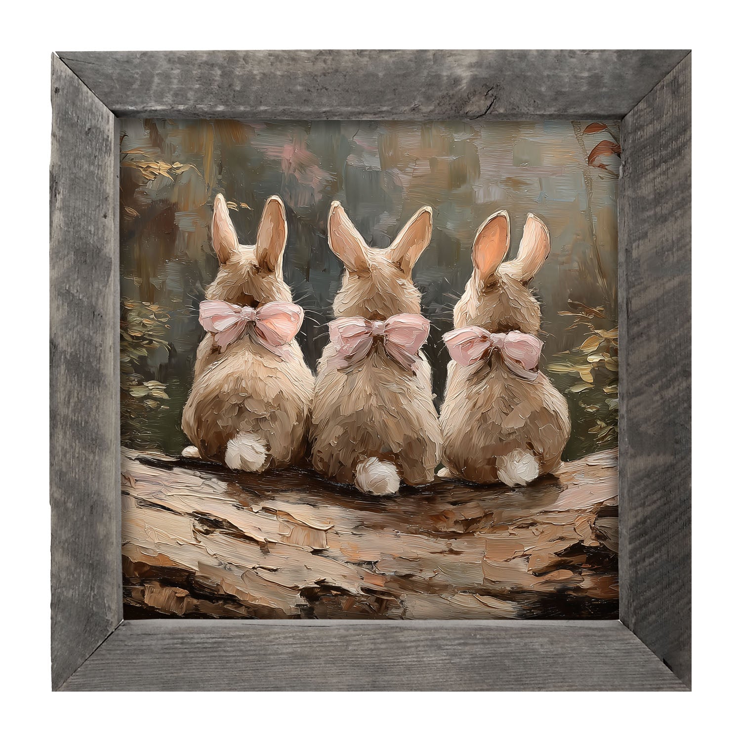 Bunnies with Pink Bows in Forest - Framed Art