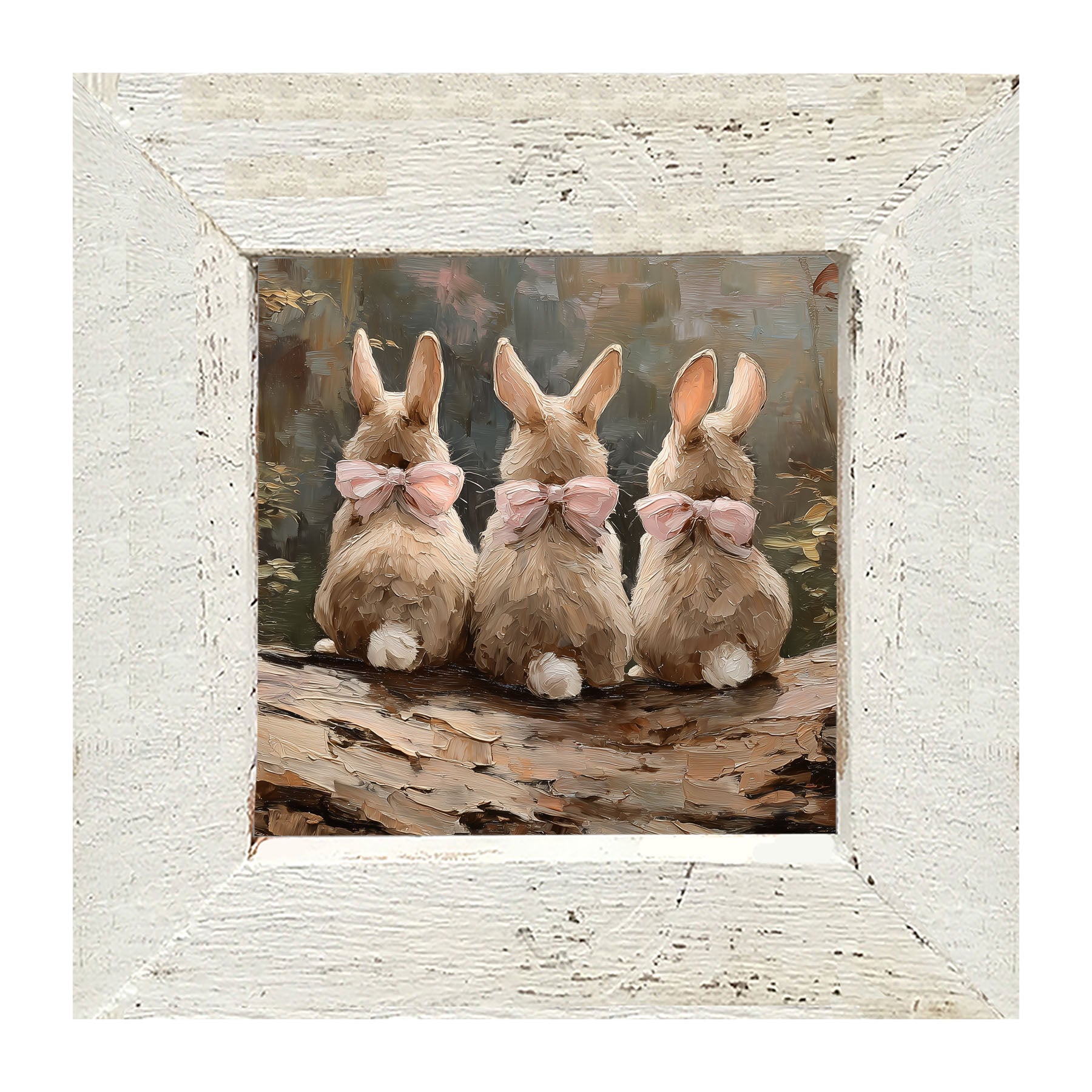 Bunnies with Pink Bows in Forest - Framed Art