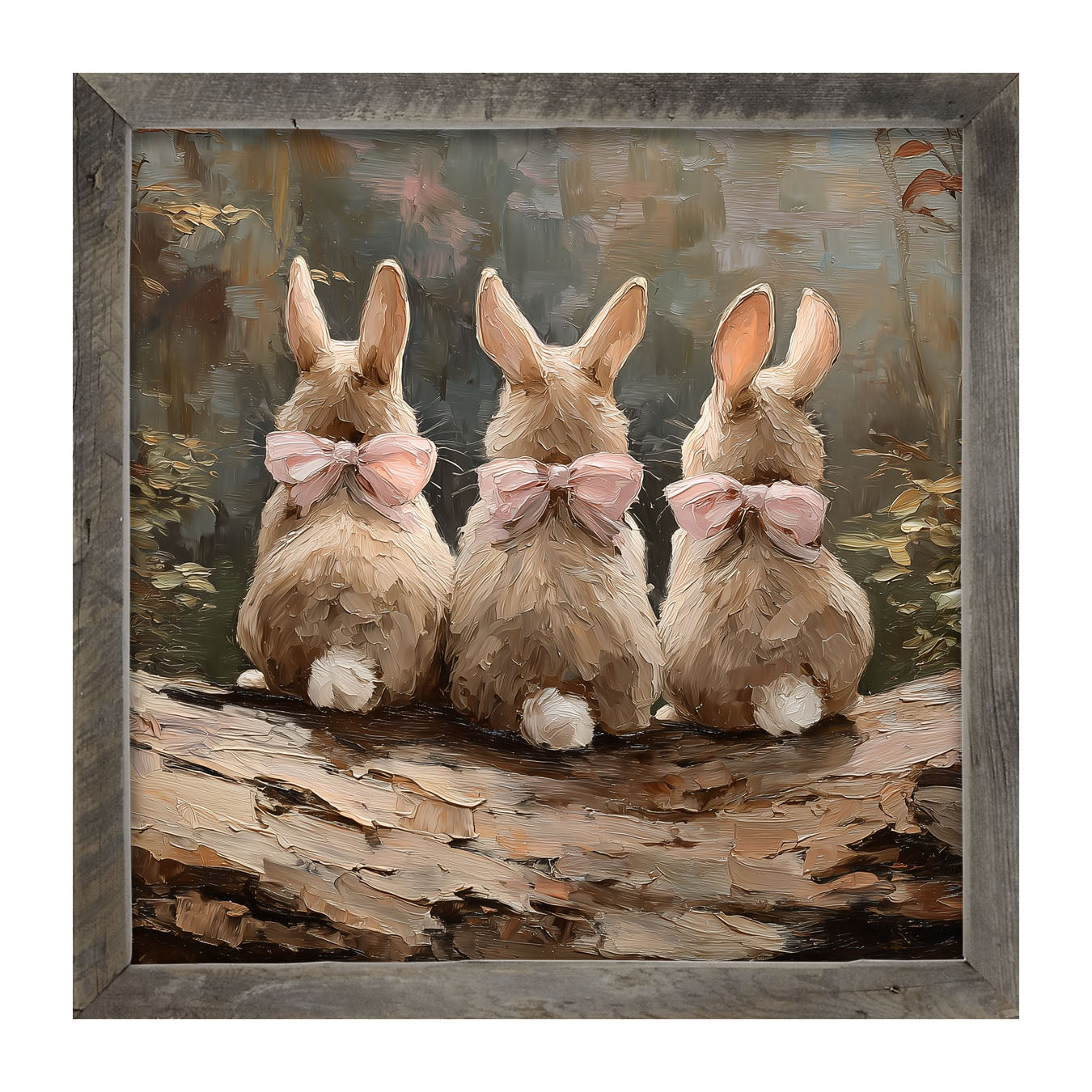 Bunnies with Pink Bows in Forest - Framed Art