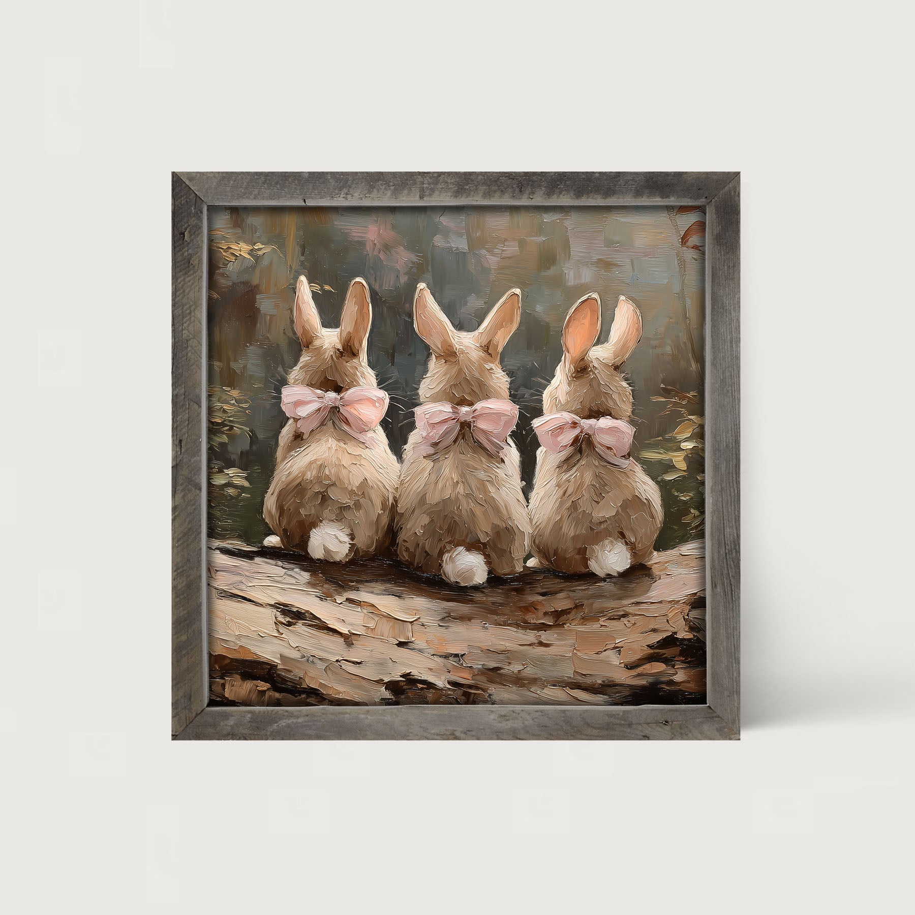 Bunnies with Pink Bows in Forest - Framed Art