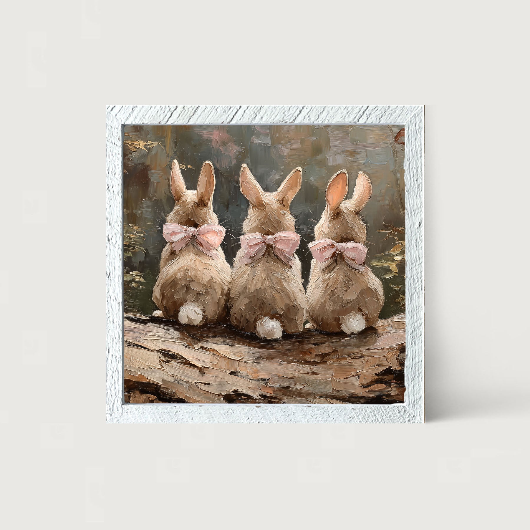 Bunnies with Pink Bows in Forest - Framed Art