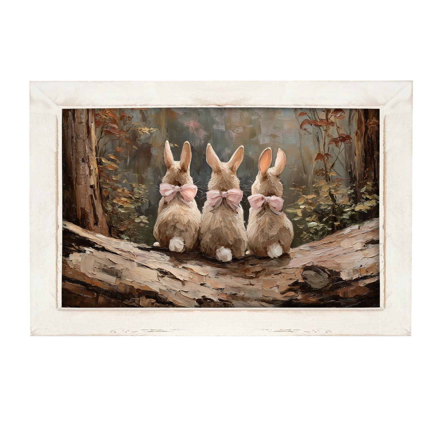 Bunnies with Pink Bows in Forest - Framed Art