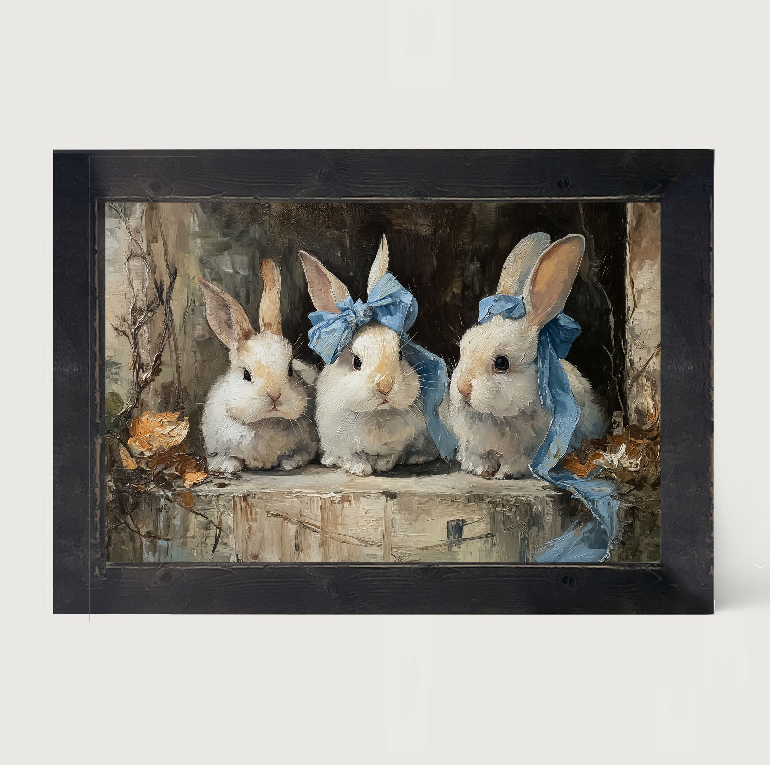 Bunnies with Blue Bows in Doorway - Framed Art
