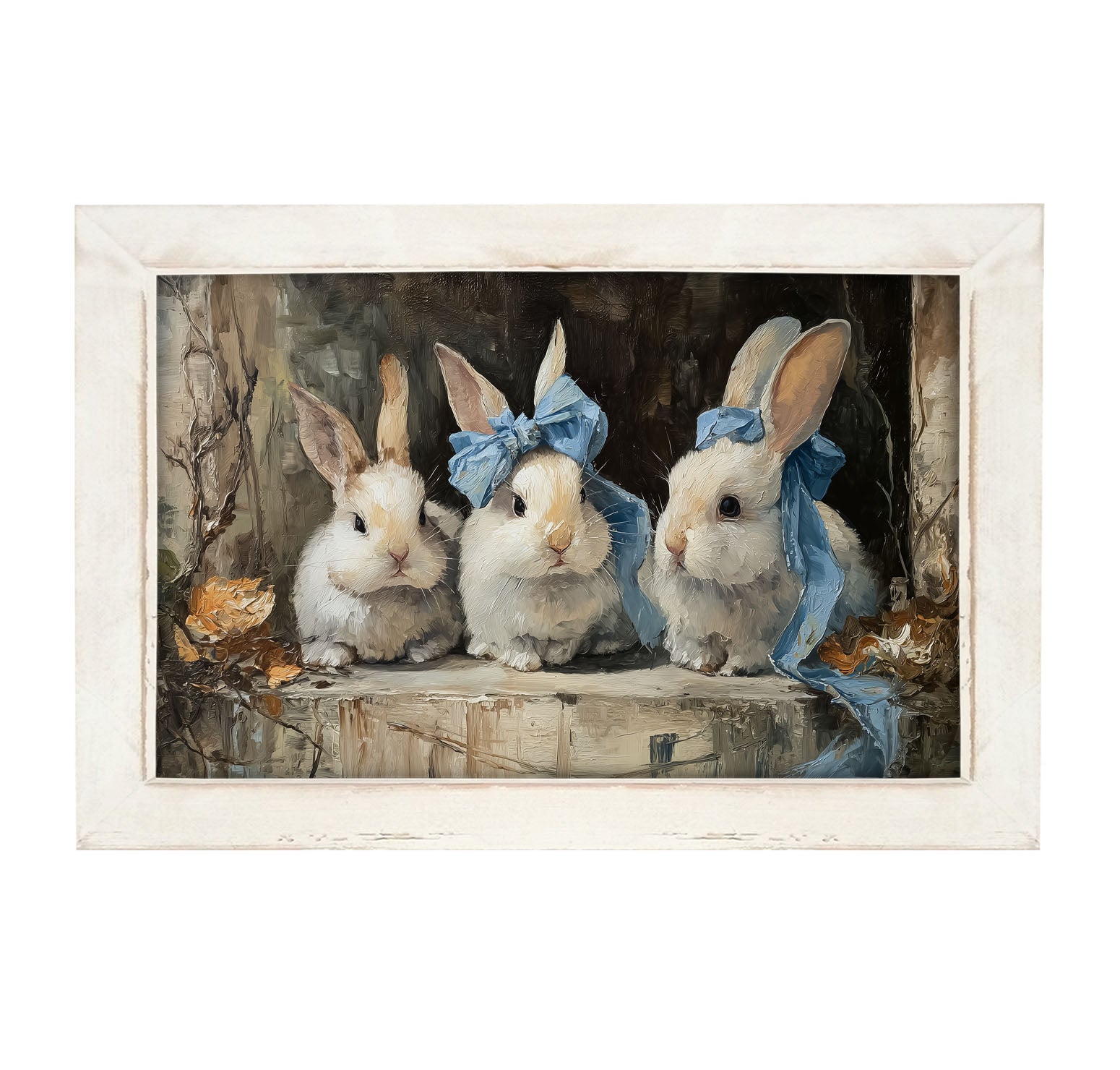 Bunnies with Blue Bows in Doorway - Framed Art