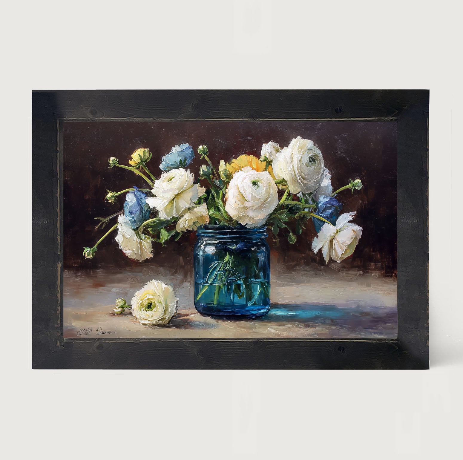Mason Jar with Blue and White Flowers - Framed Art