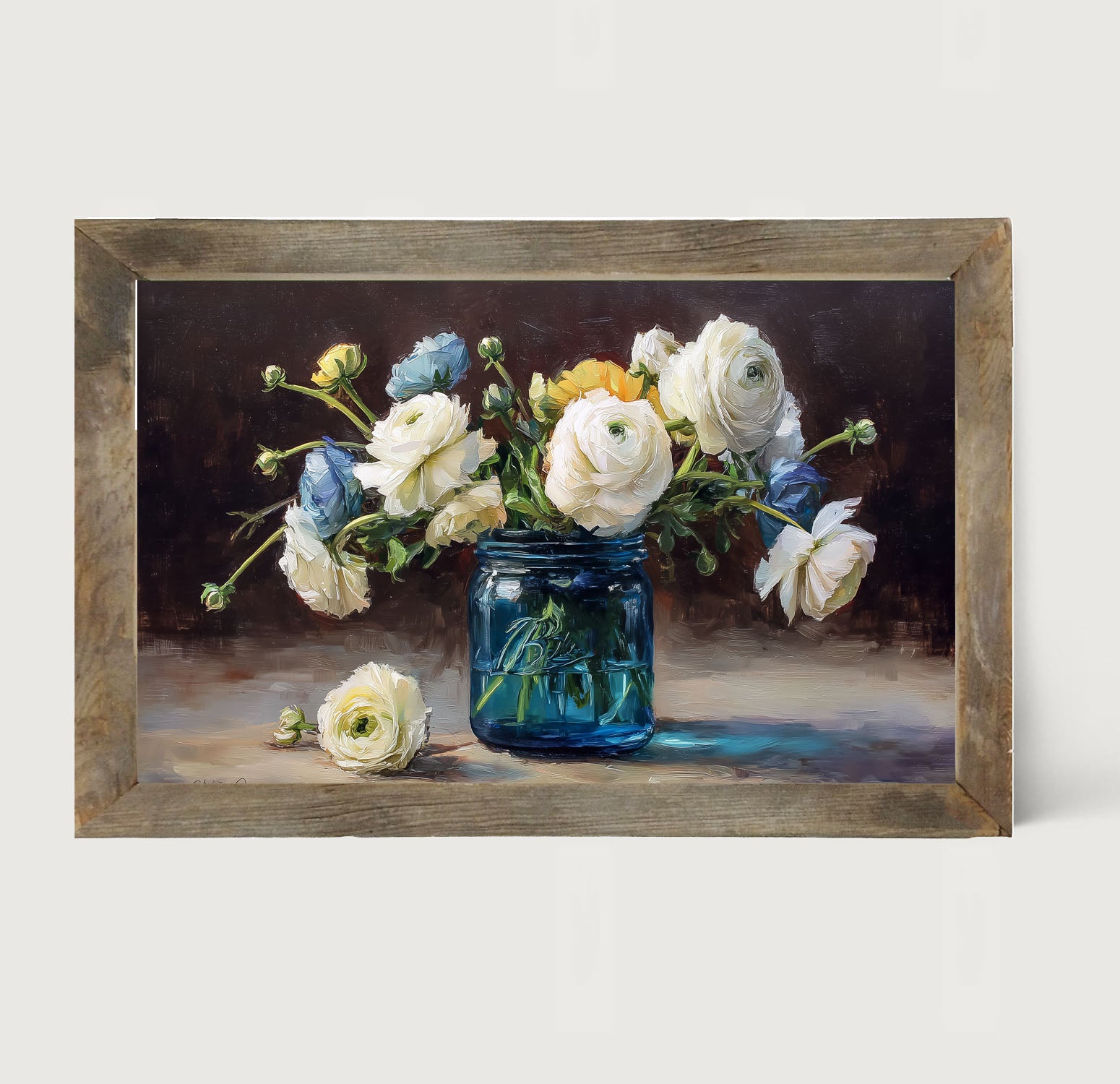Mason Jar with Blue and White Flowers - Framed Art
