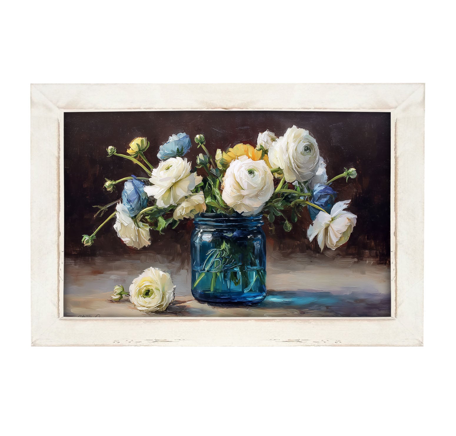 Mason Jar with Blue and White Flowers - Framed Art