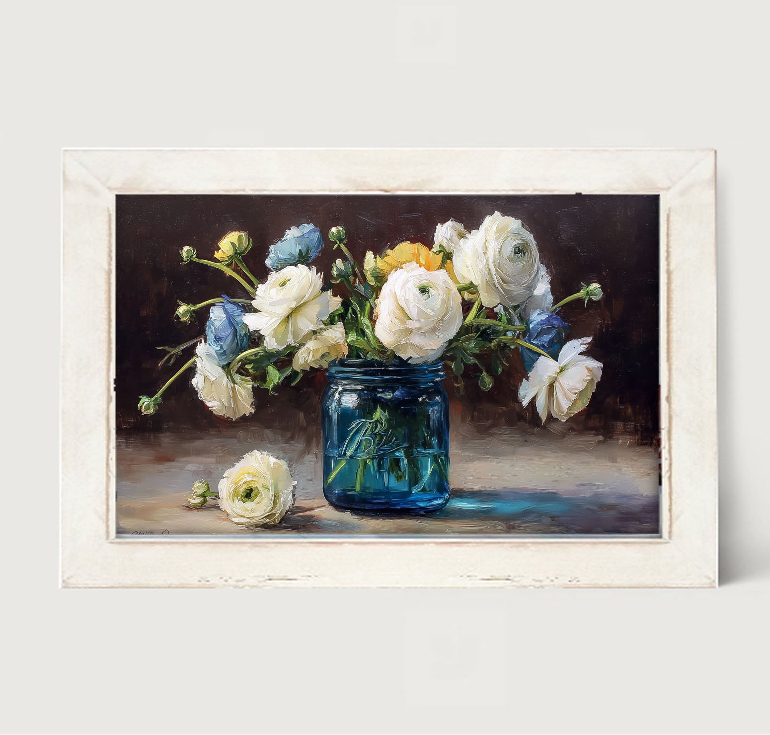 Mason Jar with Blue and White Flowers - Framed Art
