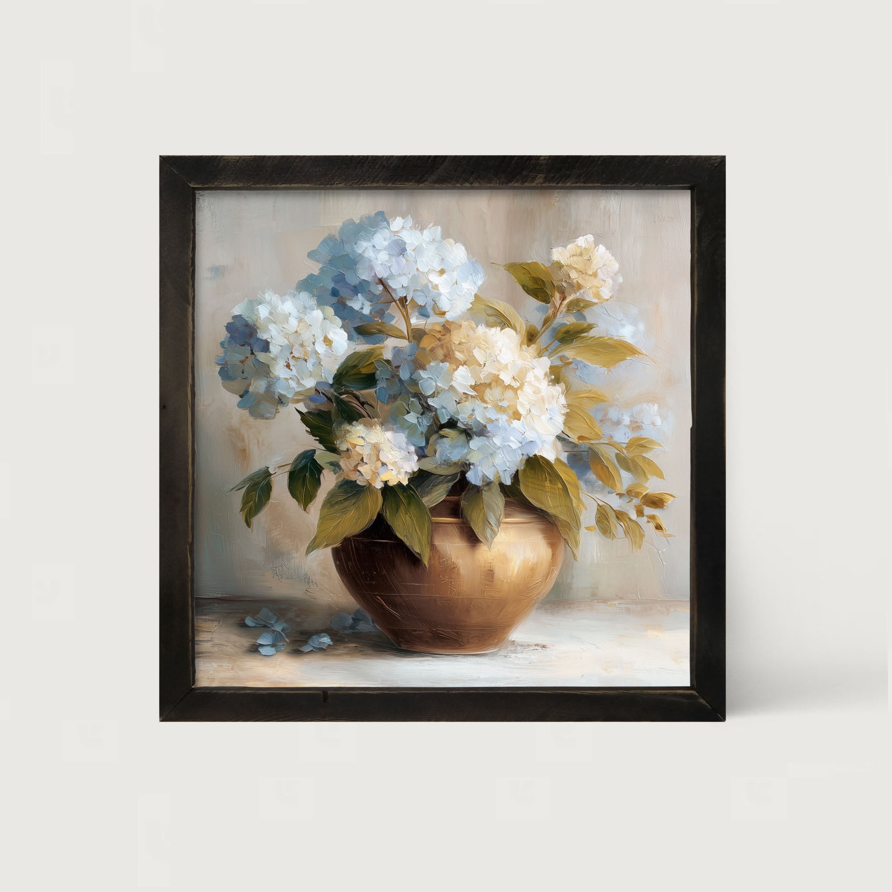 Copper Vase with Blue and White Hydrangeas