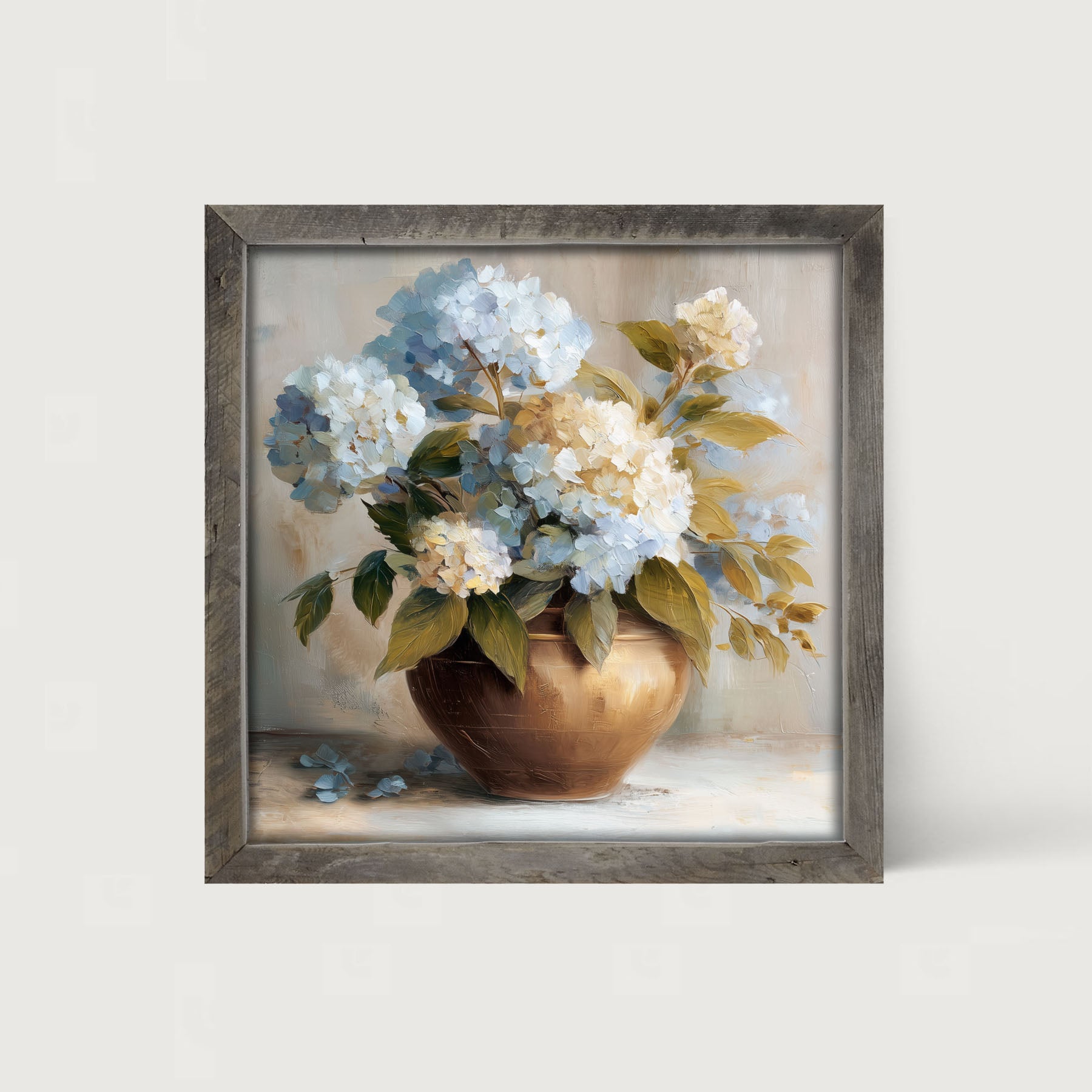 Copper Vase with Blue and White Hydrangeas