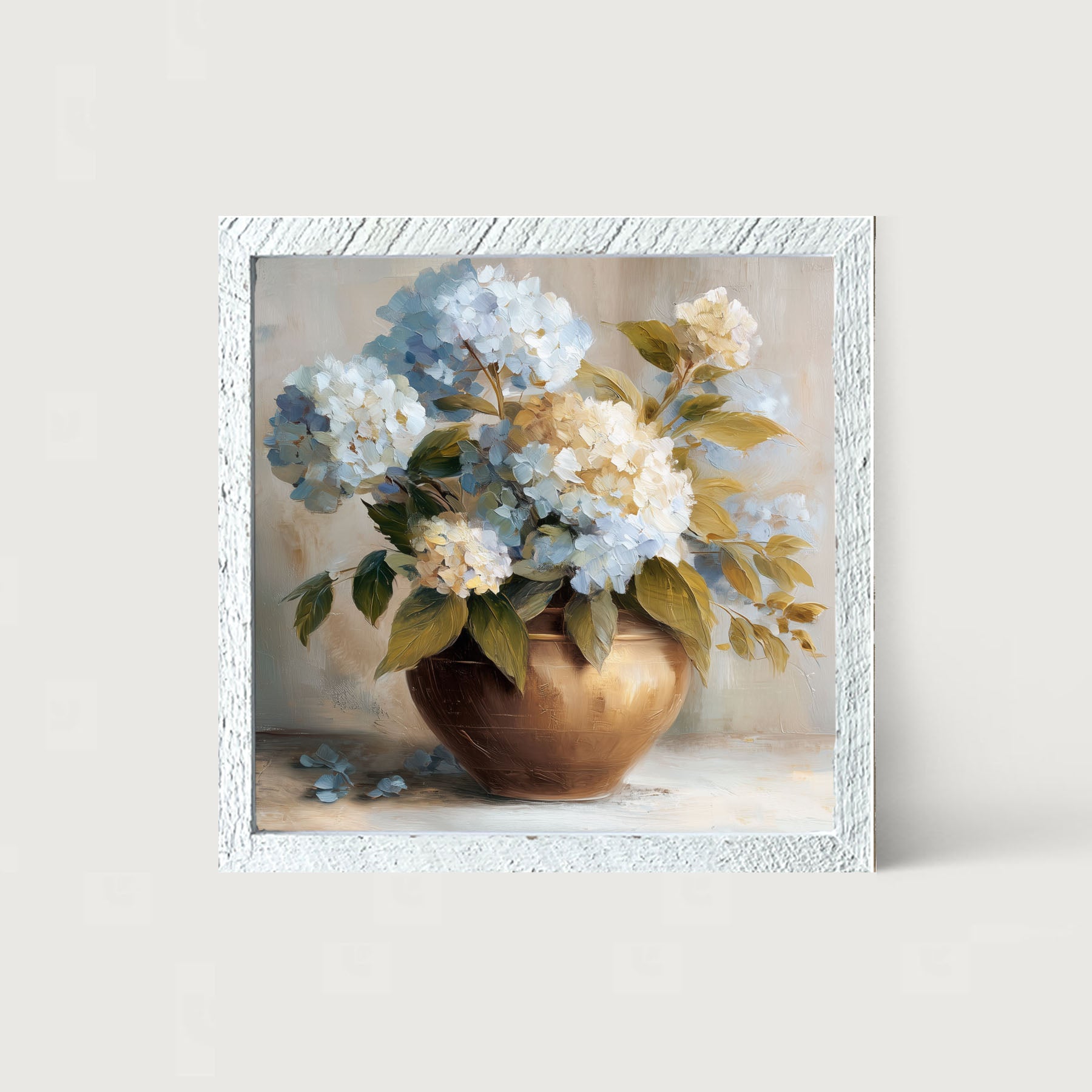 Copper Vase with Blue and White Hydrangeas