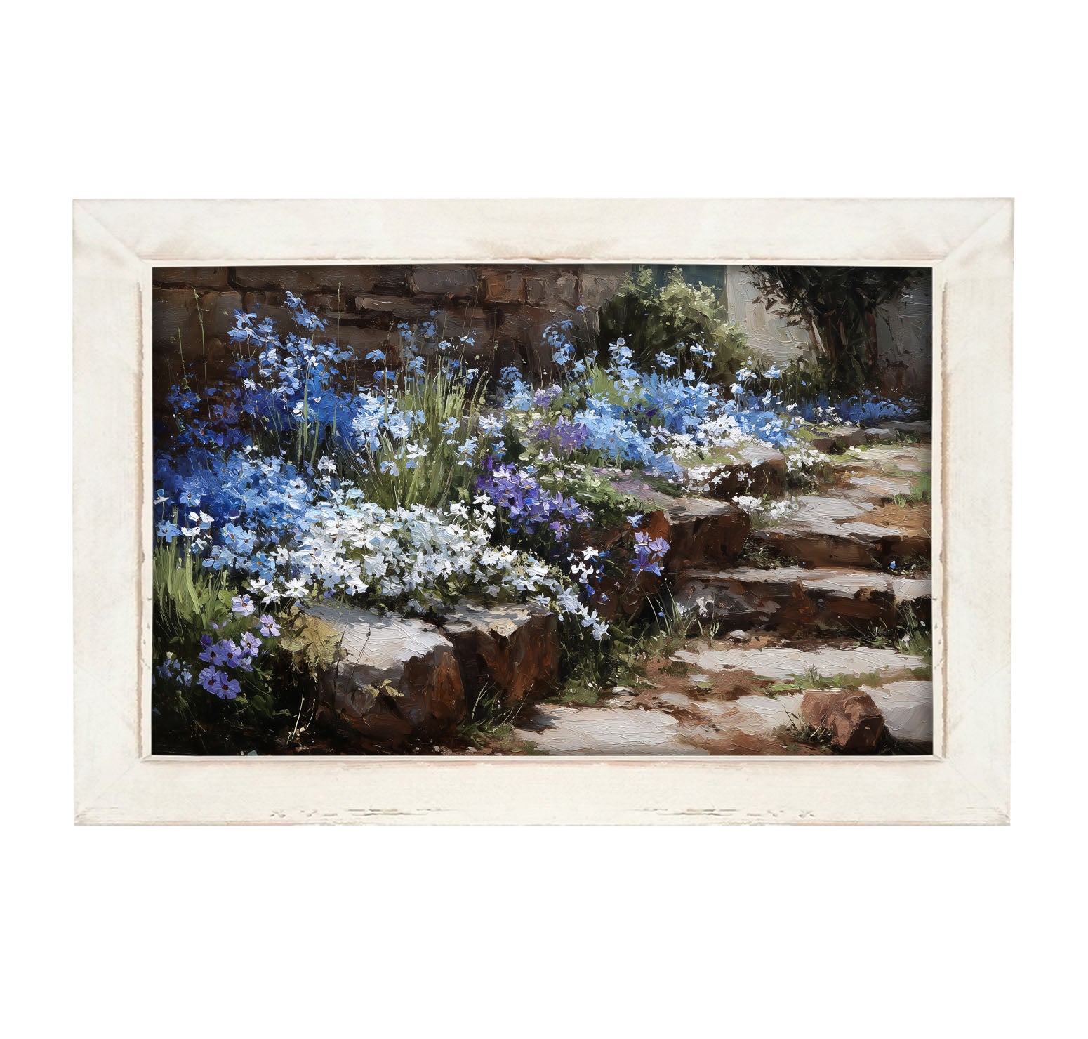 Blue Flowers along Pathway - Framed Art