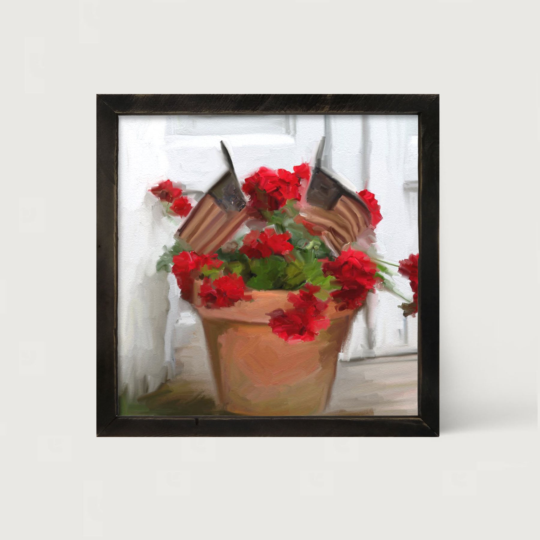 Geraniums with USA Flags - Framed art