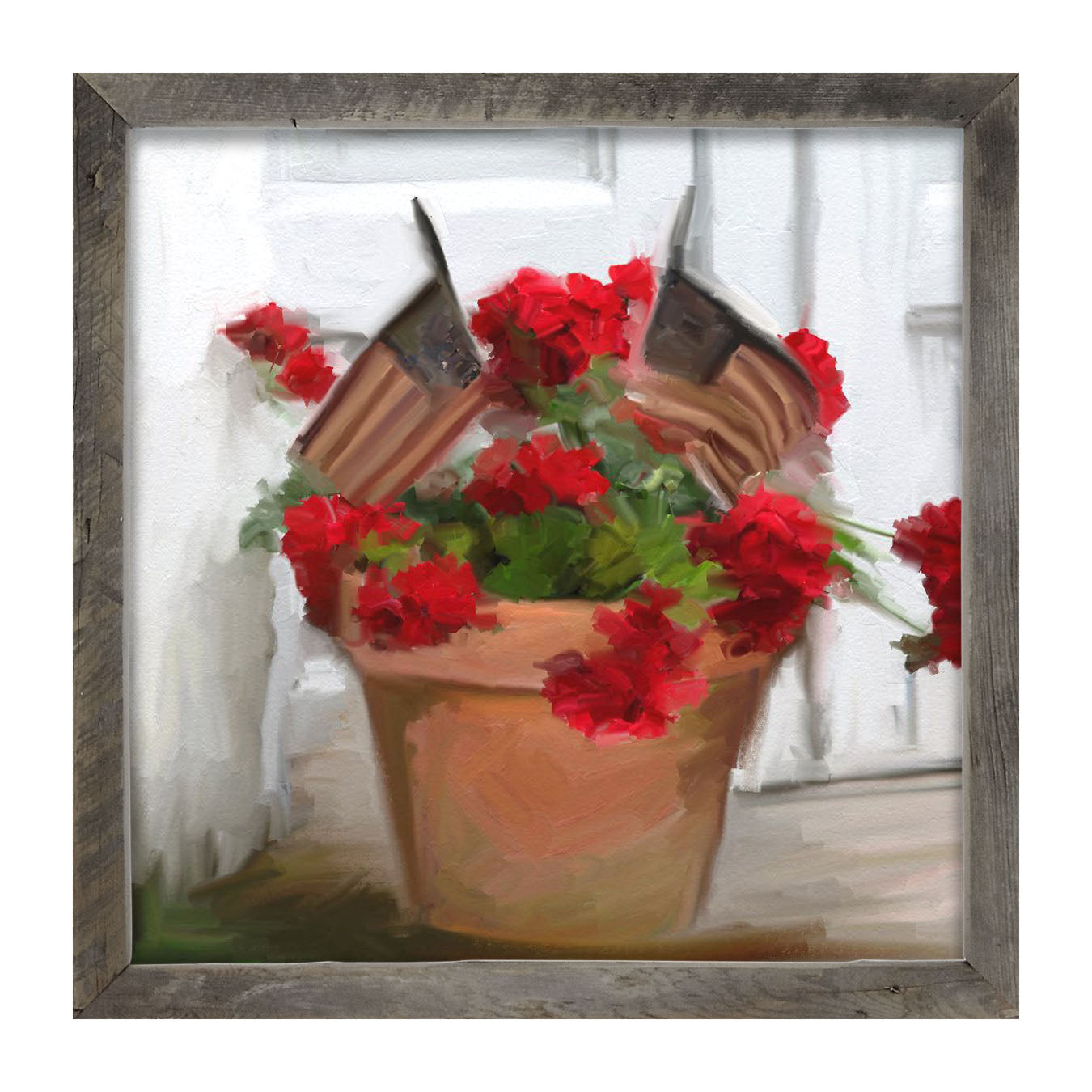 Geraniums with USA Flags - Framed art