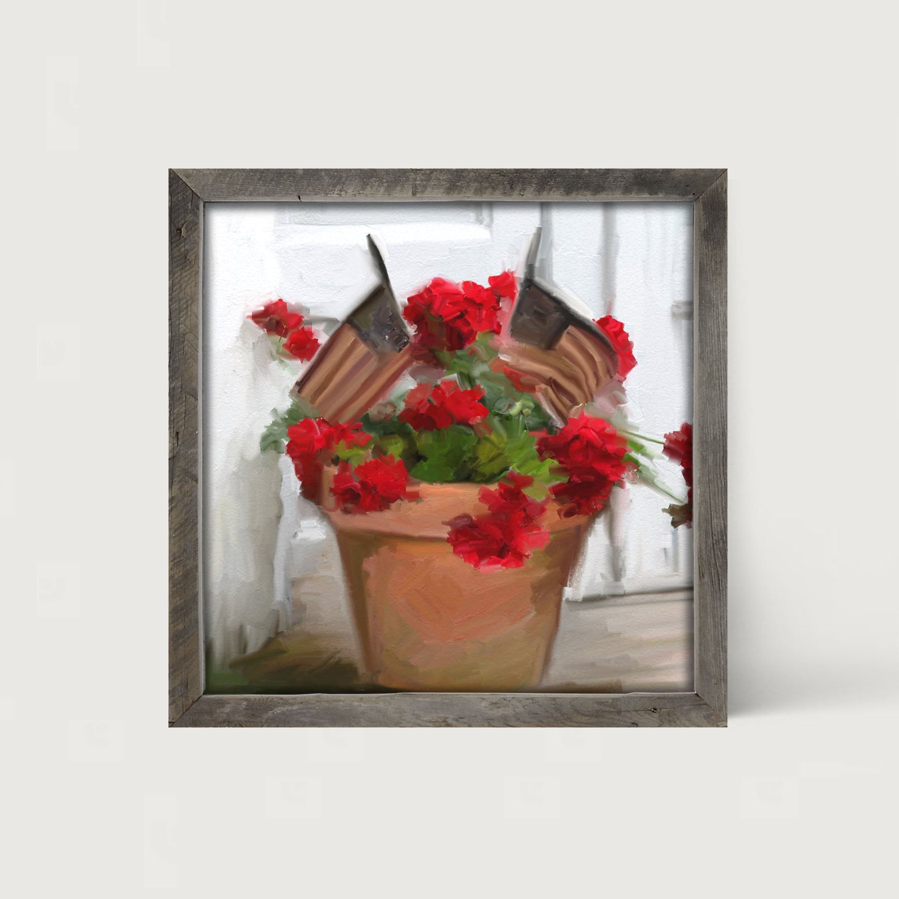 Geraniums with USA Flags - Framed art