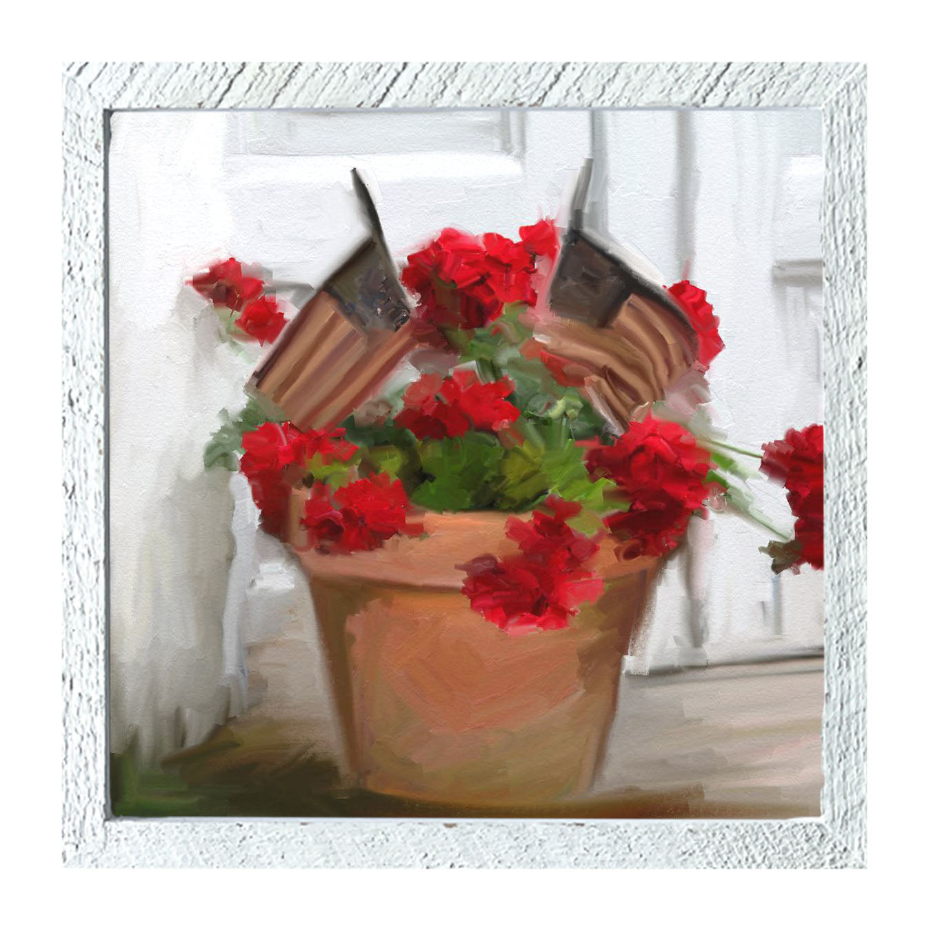 Geraniums with USA Flags - Framed art