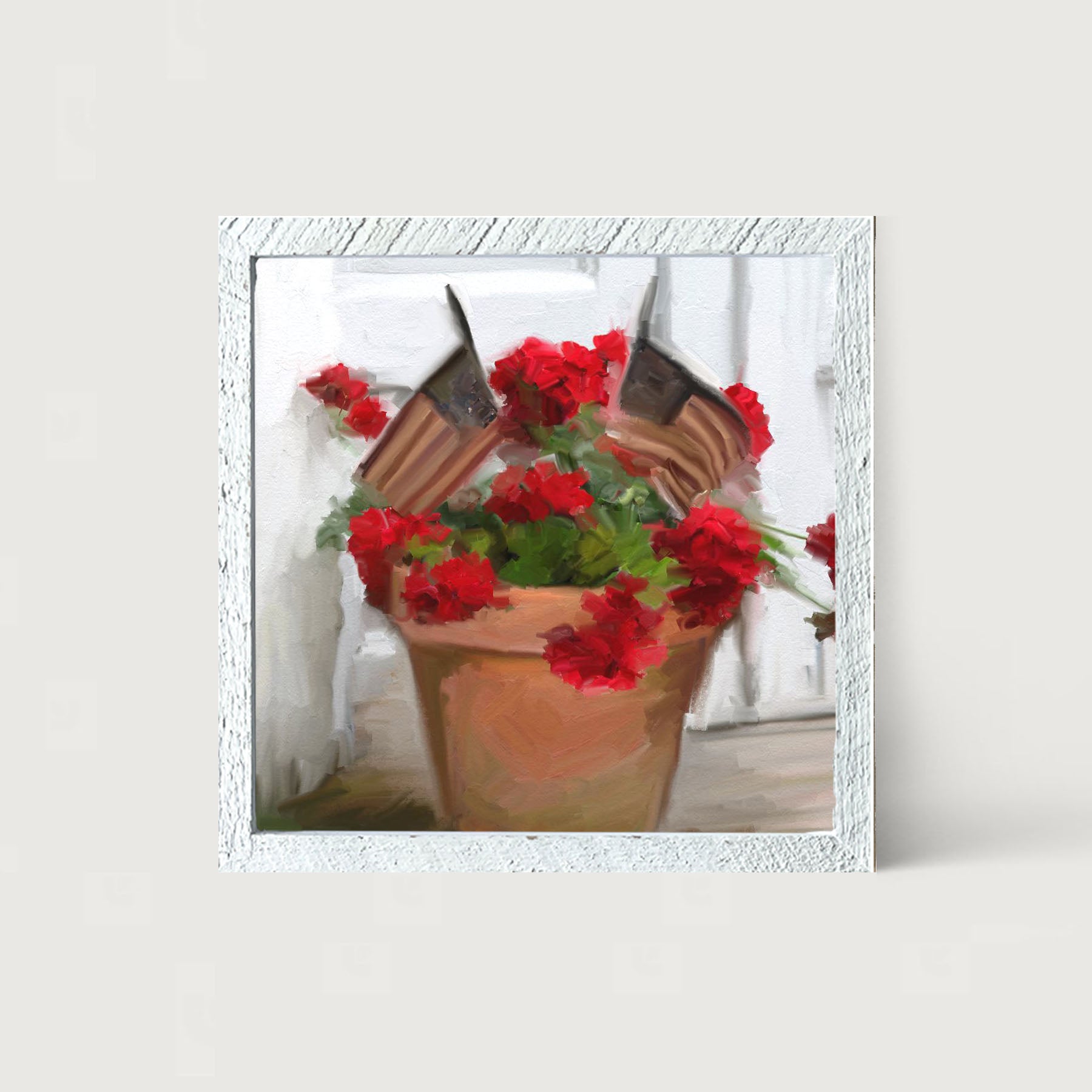 Geraniums with USA Flags - Framed art