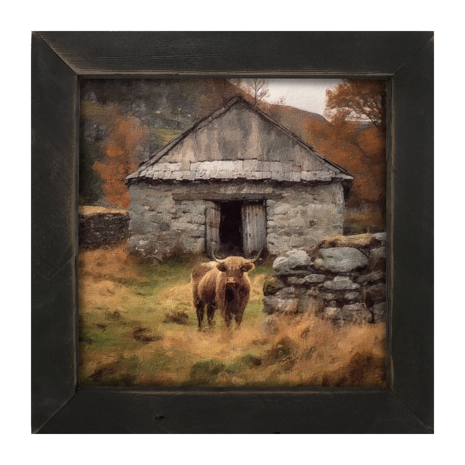 Highland Cow near Stone Wall - Framed art