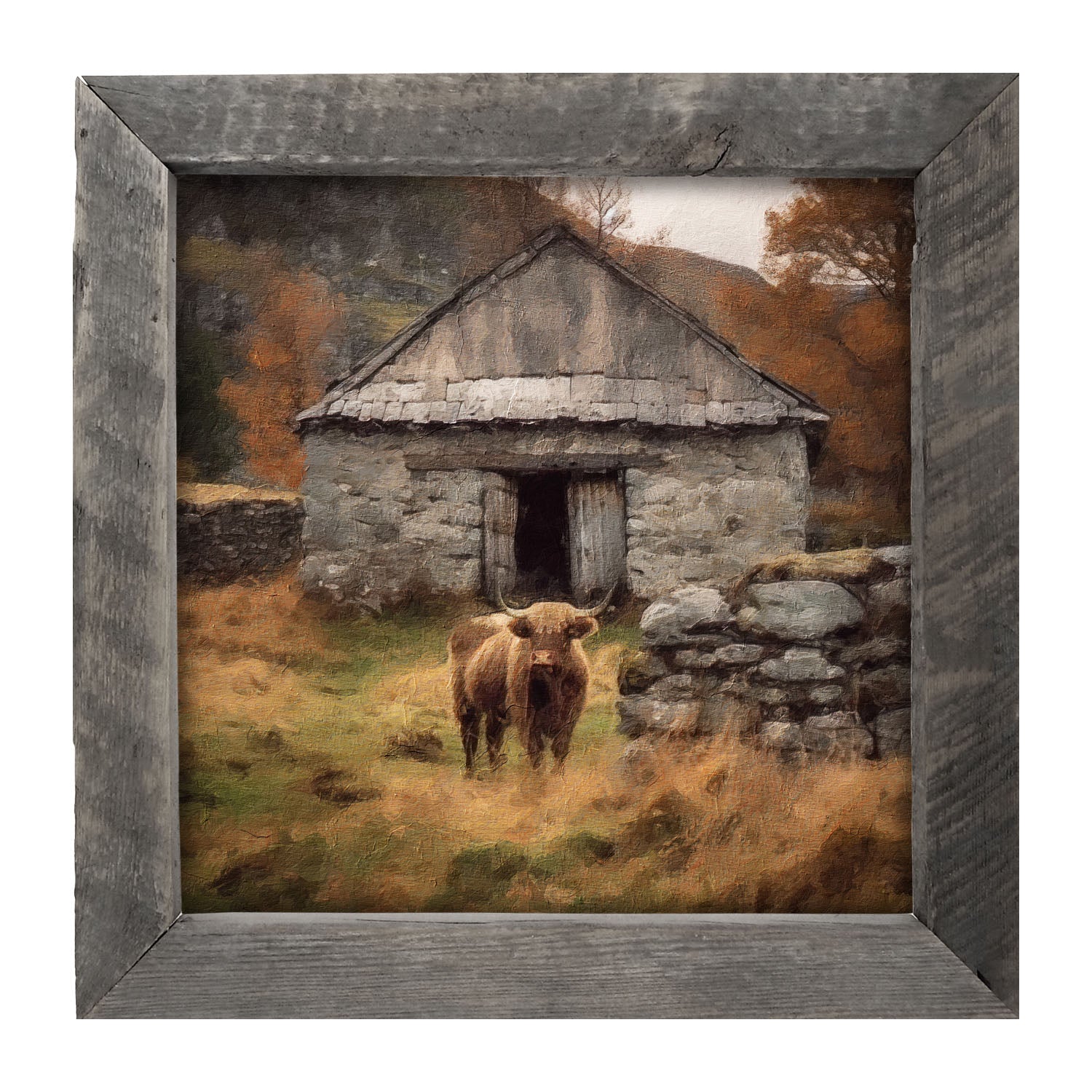 Highland Cow near Stone Wall - Framed art