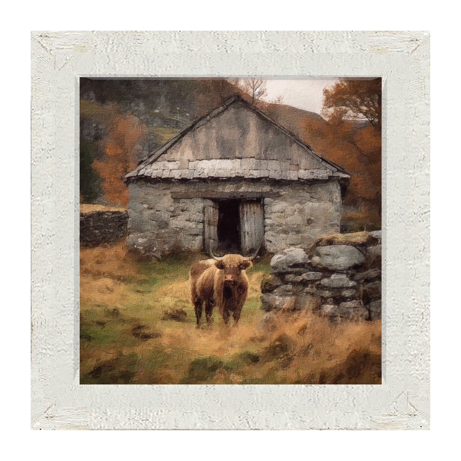 Highland Cow near Stone Wall - Framed art